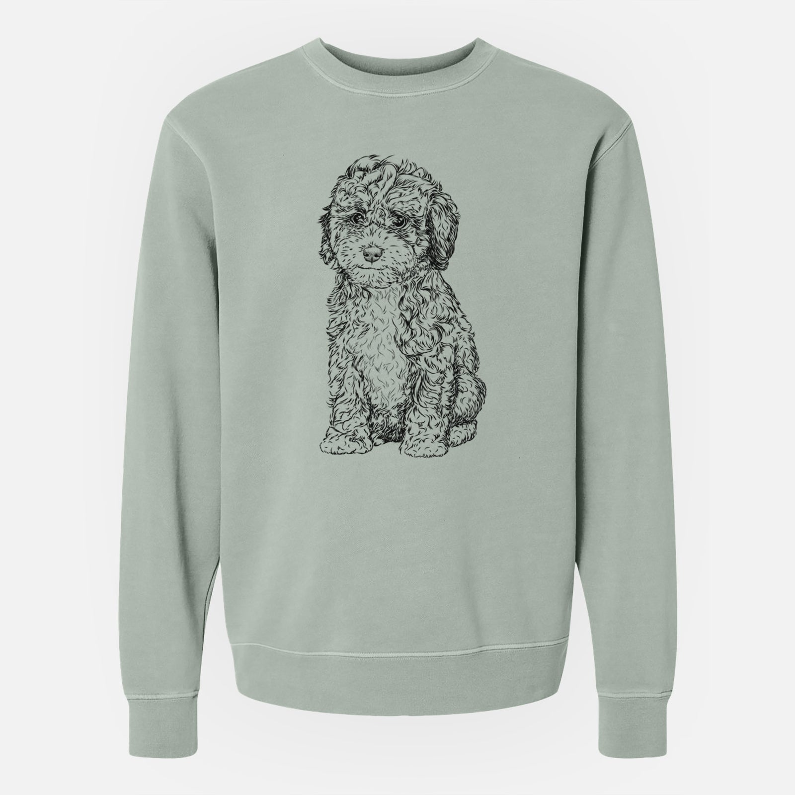 Hand-drawn sketch of Sweet Tea the Mini Doodle on a Sage Unisex pigment dyed crew sweatshirt