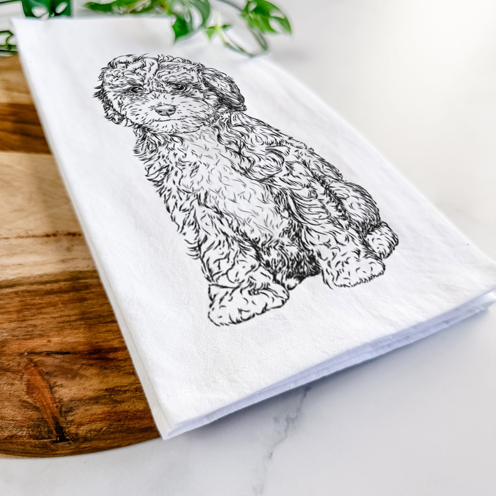 Hand-drawn sketch of Sweet Tea the Mini Doodle on a tea towel