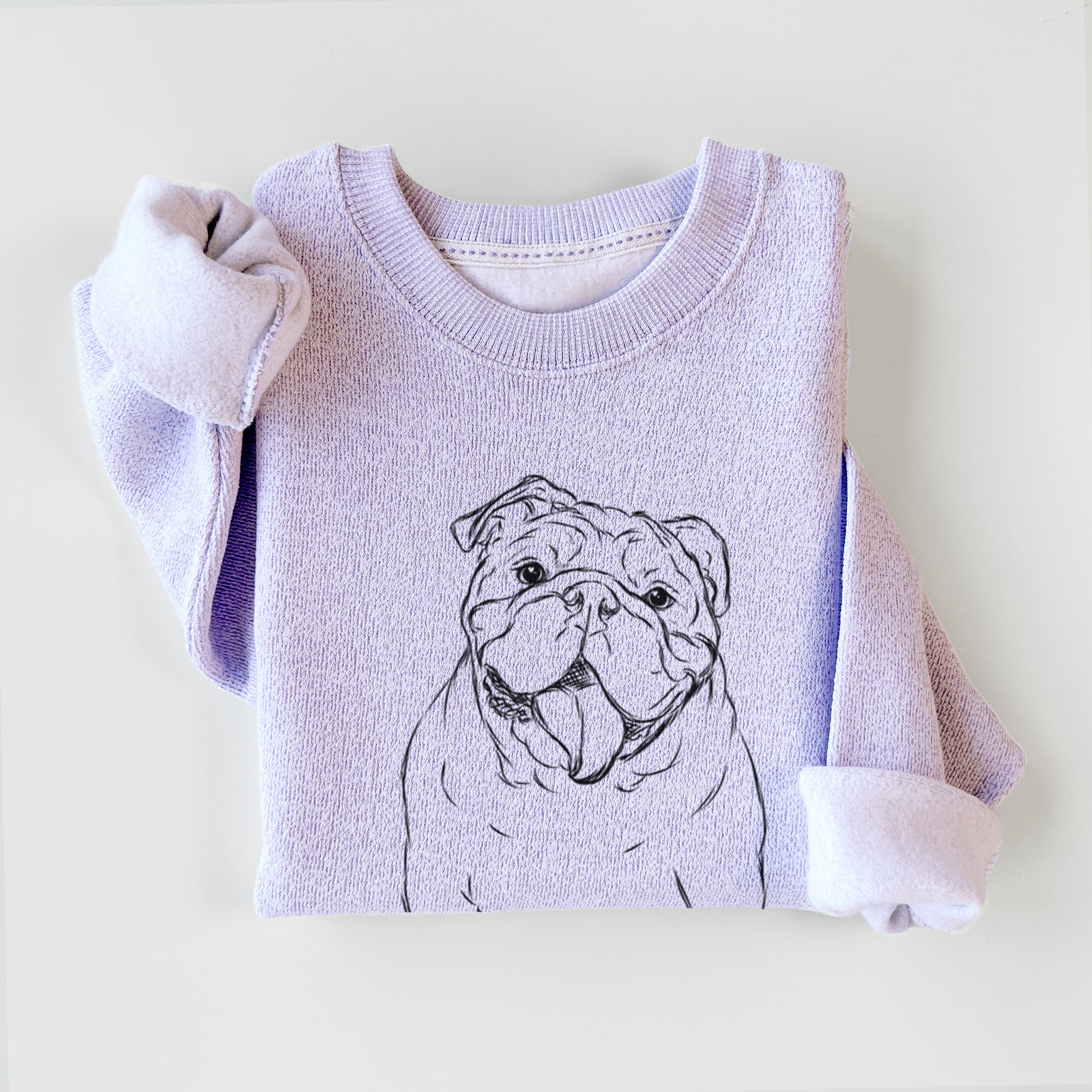 Hand-drawn sketch of Tank the English Bulldog on an Ice Purple knit sweatshirt