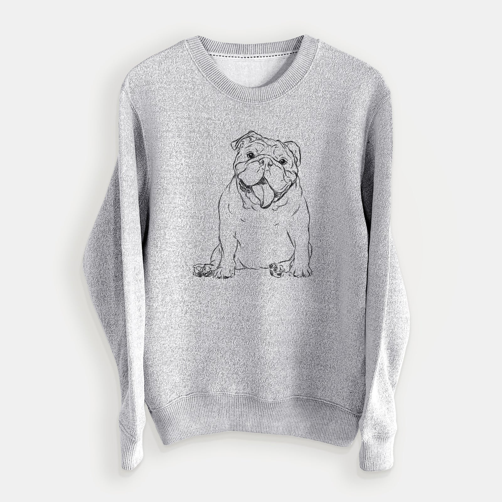 Hand-drawn sketch of Tank the English Bulldog on a Salt Pepper knit sweatshirt