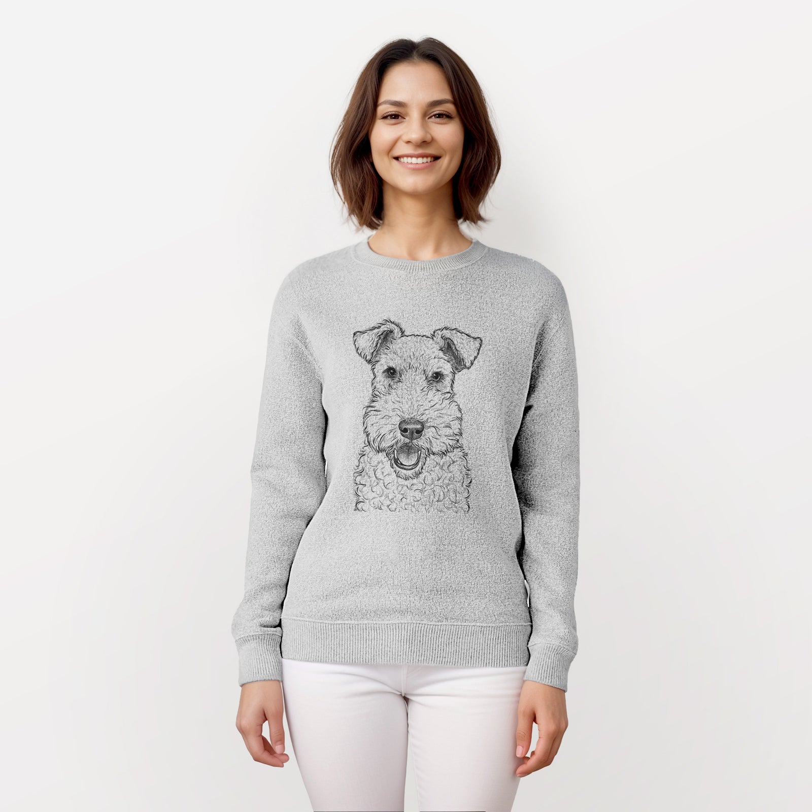 Hand-drawn sketch of Ted the Wire Fox Terrier on a knit sweatshirt, worn by a woman