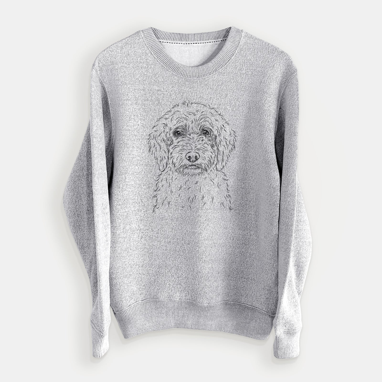 Hand-drawn sketch of Teddy the Labradoodle on a Salt Pepper knit sweatshirt