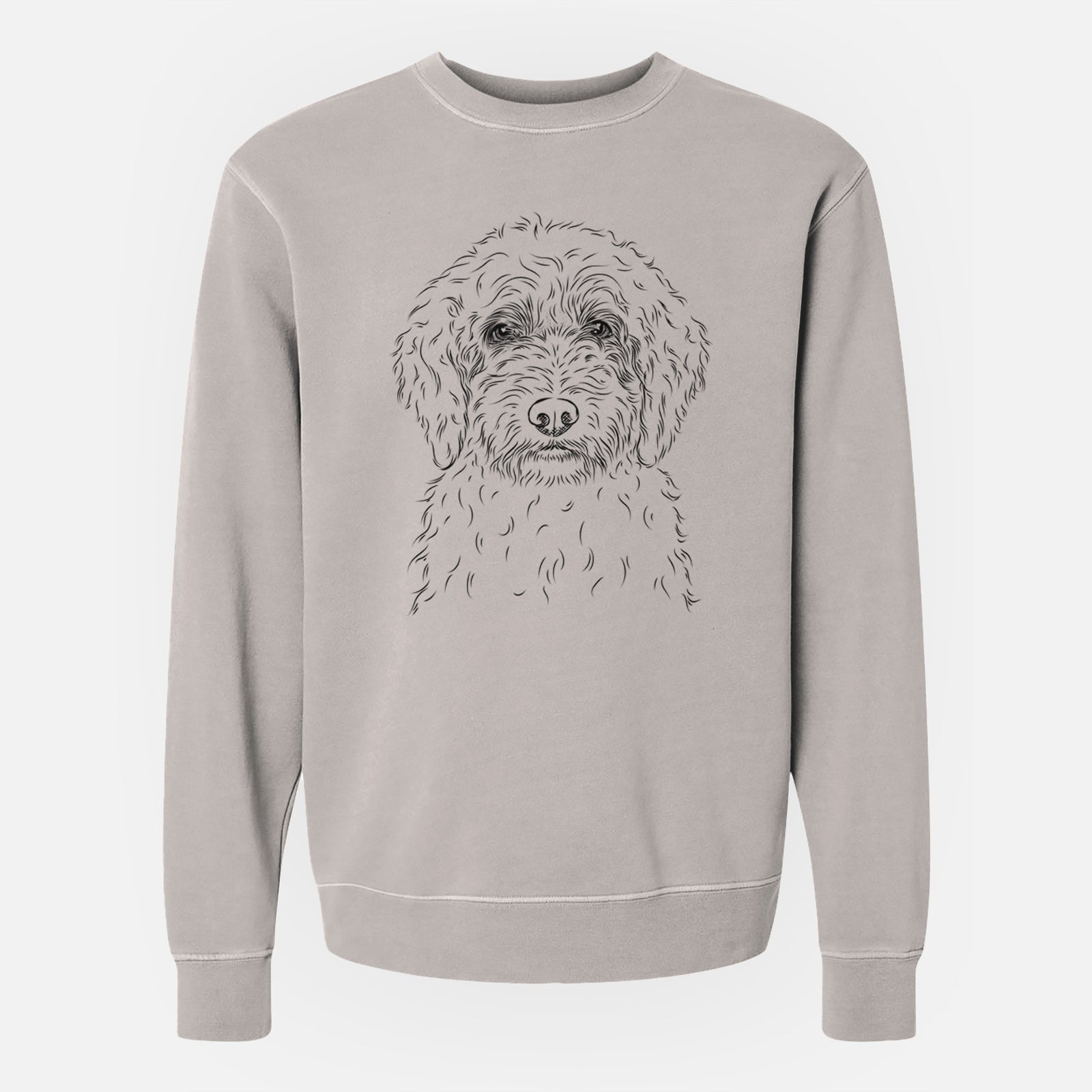 Hand-drawn sketch of Teddy the Labradoodle on a Cement Unisex pigment dyed crew sweatshirt