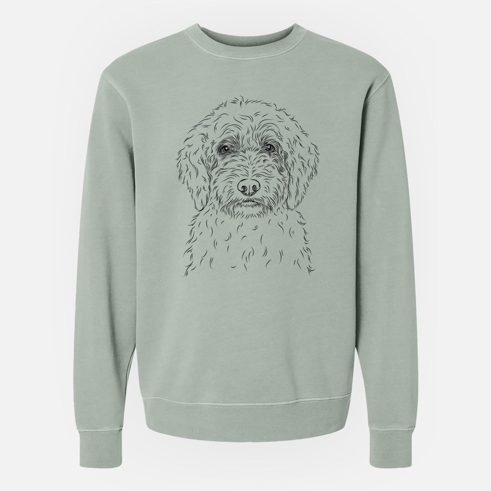 Hand-drawn sketch of Teddy the Labradoodle on a Sage Unisex pigment dyed crew sweatshirt