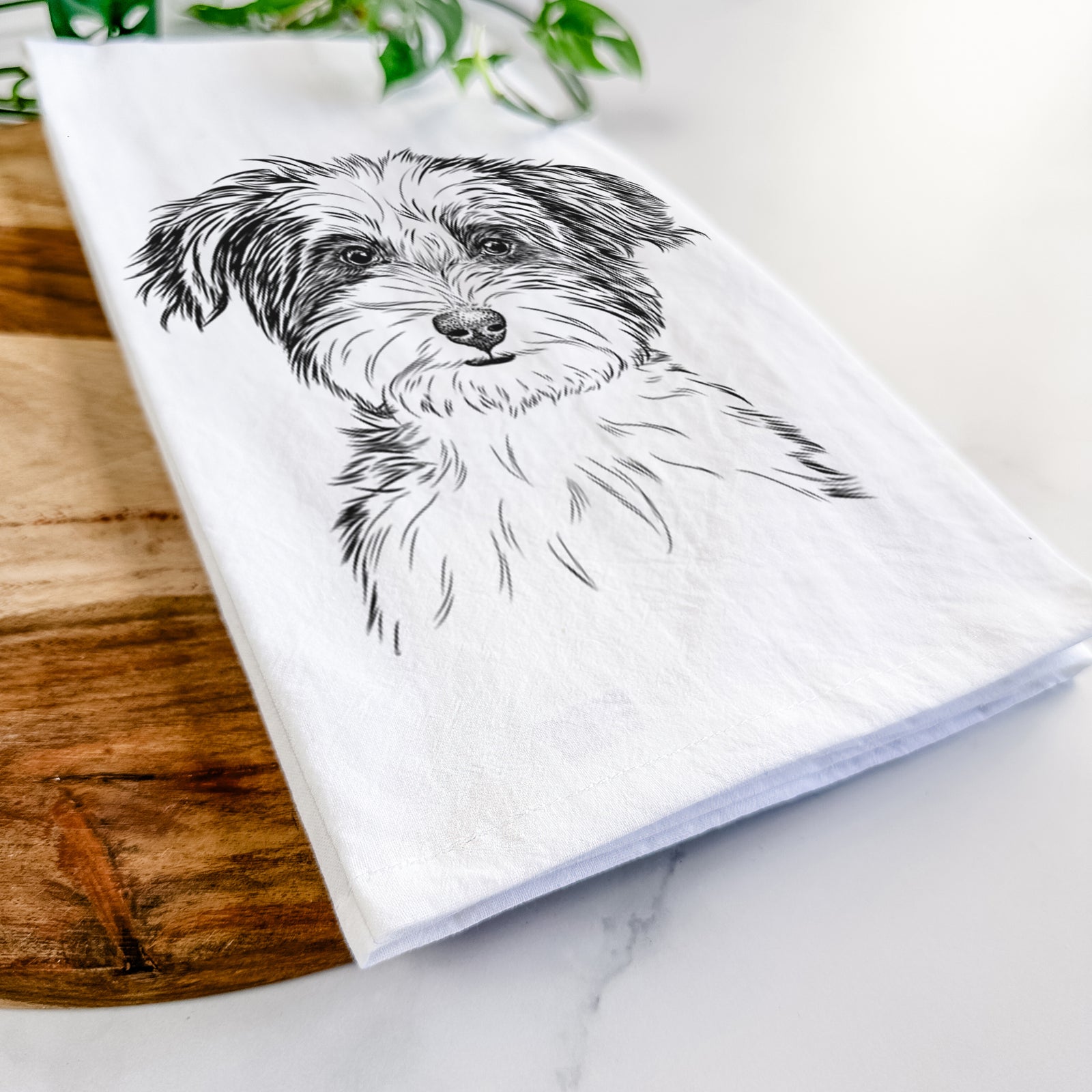 Hand-drawn sketch of Teddy the Havanese on a tea towel