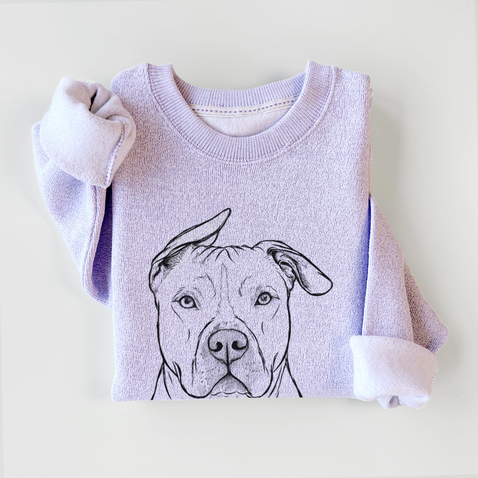 Hand-drawn sketch of Teddy Jam the Pitbull on an Ice Purple knit sweatshirt