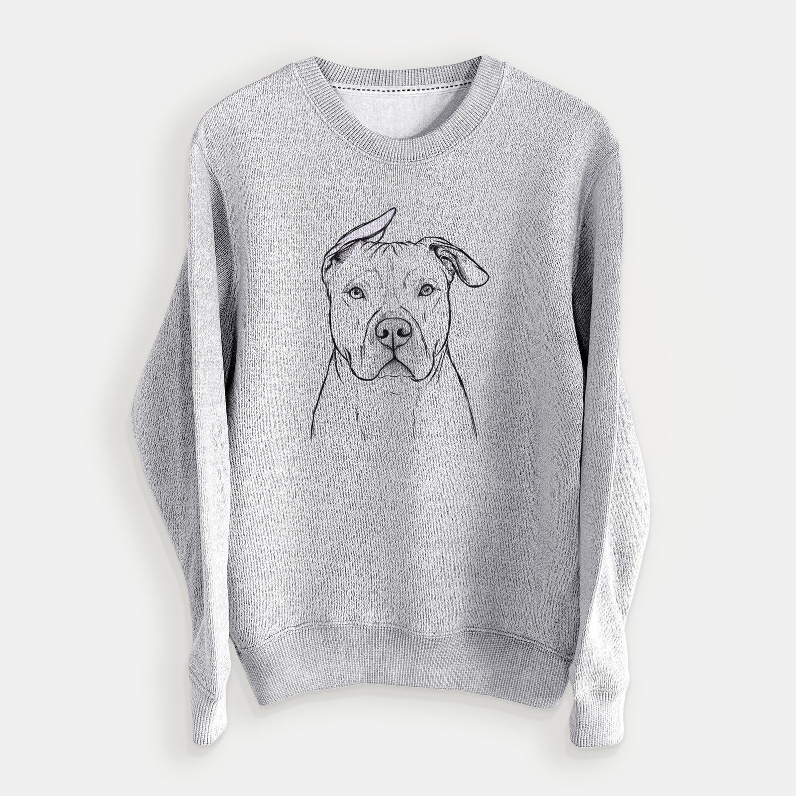 Hand-drawn sketch of Teddy Jam the Pitbull on a Salt Pepper knit sweatshirt