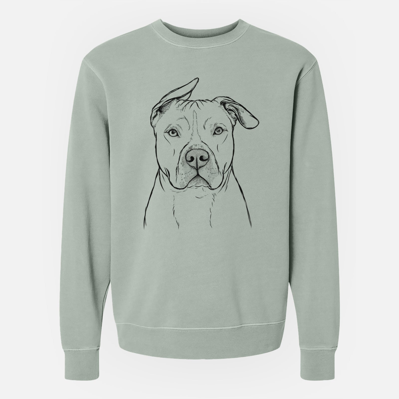 Hand-drawn sketch of Teddy Jam the Pitbull on a Sage Unisex pigment dyed crew sweatshirt