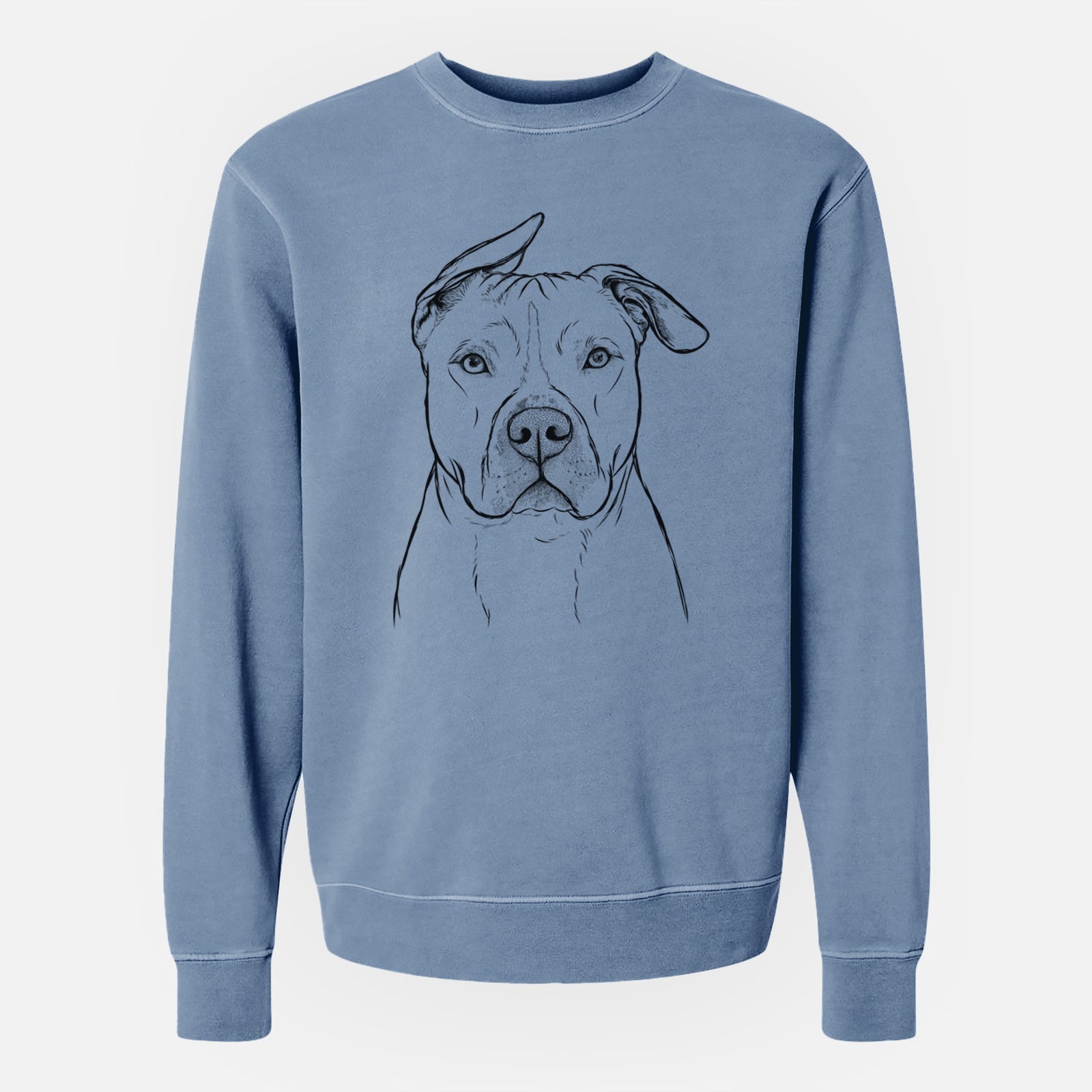 Hand-drawn sketch of Teddy Jam the Pitbull on a Slate Blue Unisex pigment dyed crew sweatshirt