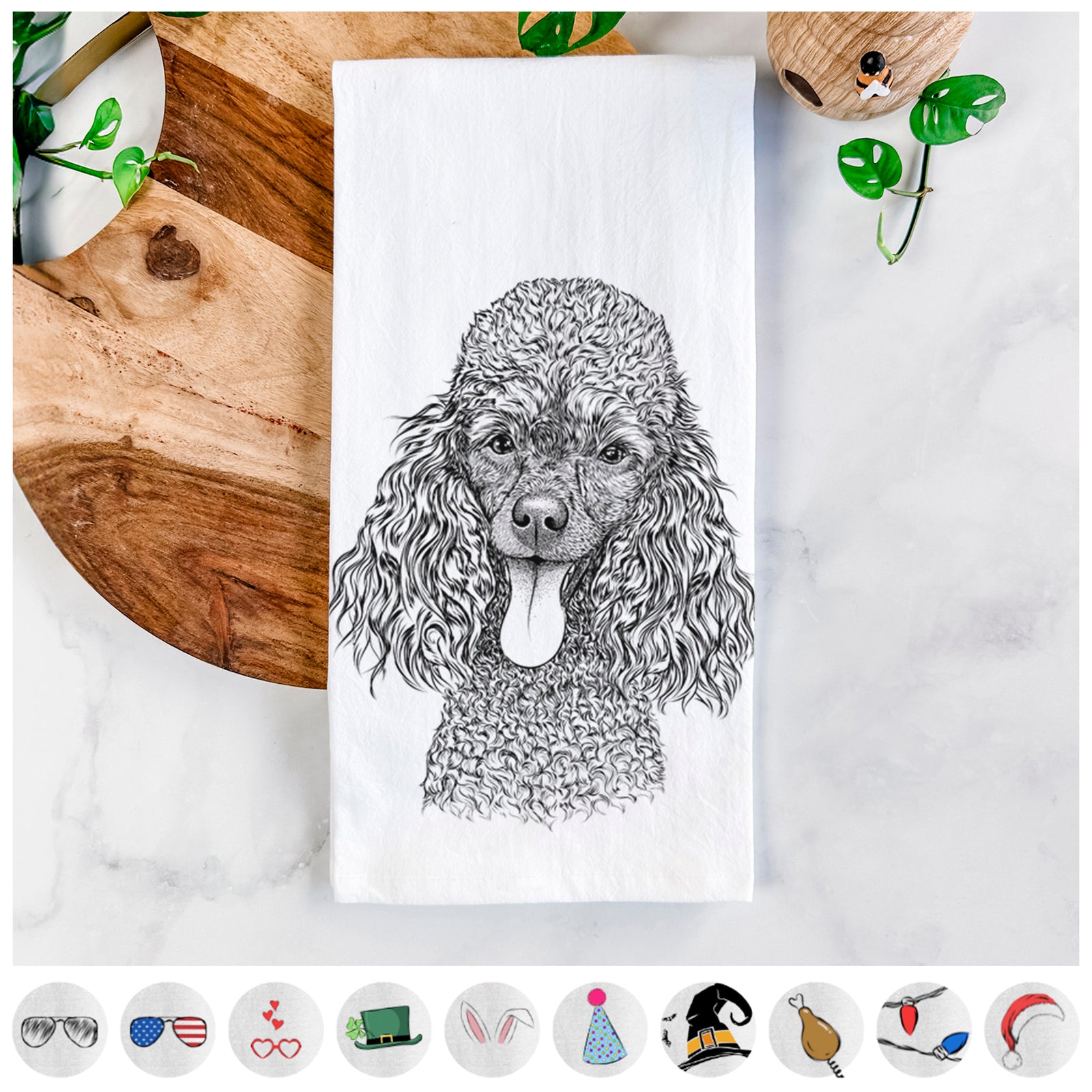 Hand-drawn sketch of Teddy the Mini Poodle on a tea towel, shown with icons of the other available costume styles