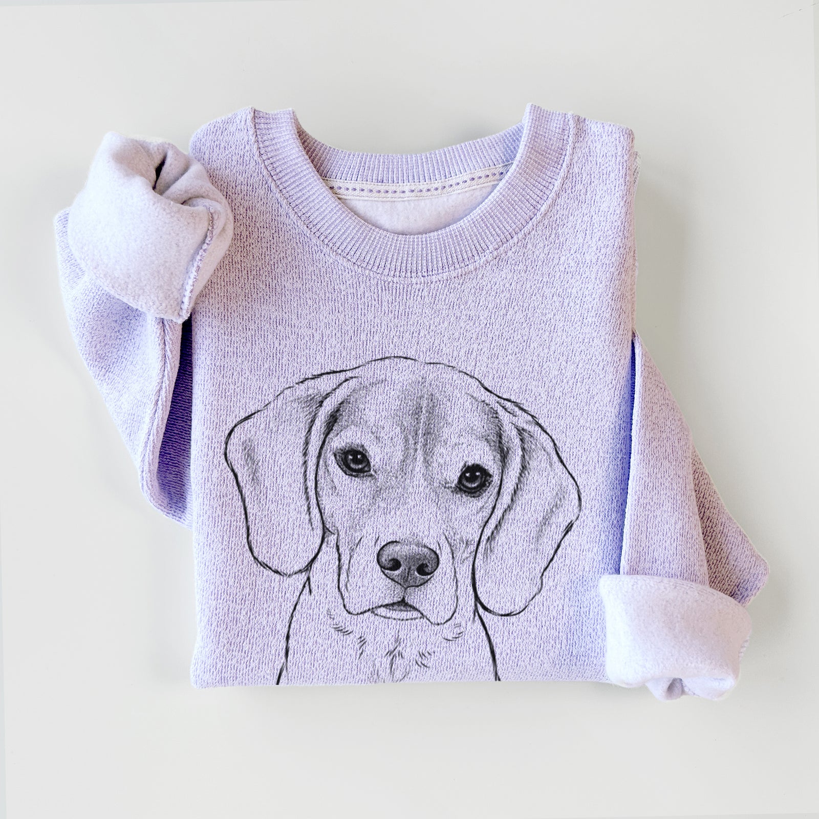 Hand-drawn sketch of Thea the Beagle on an Ice Purple knit sweatshirt