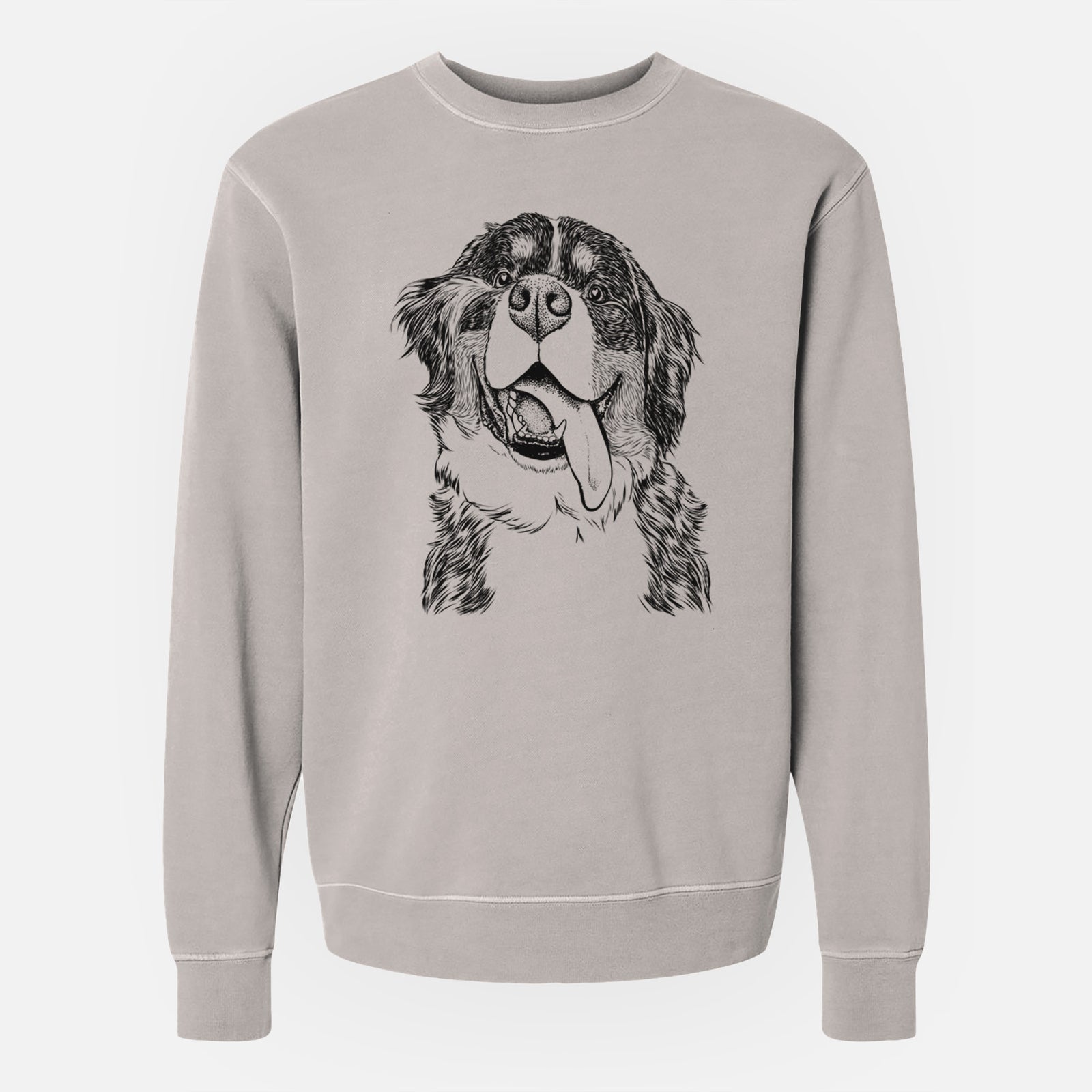 Hand-drawn sketch of Theo the Bernese Mountain Dog on a Cement Unisex pigment dyed crew sweatshirt