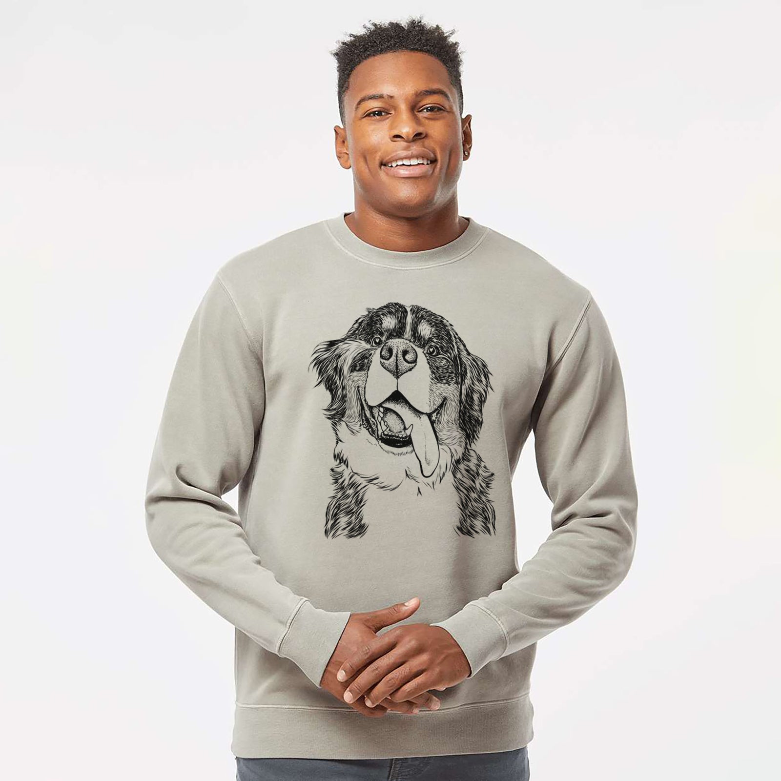 Hand-drawn sketch of Theo the Bernese Mountain Dog on a Cement Unisex pigment dyed crew sweatshirt