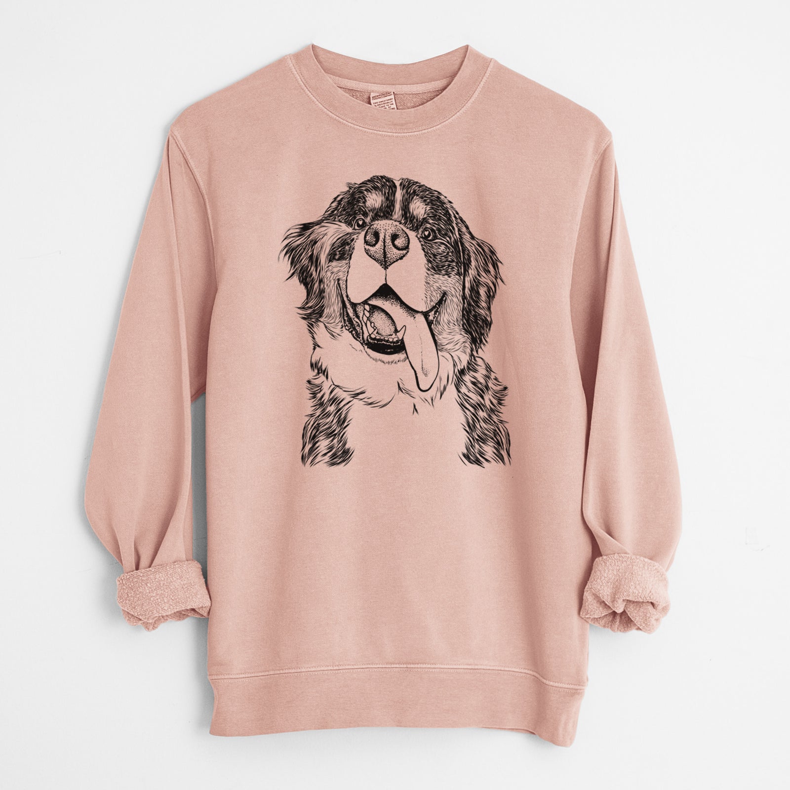 Hand-drawn sketch of Theo the Bernese Mountain Dog on a Dusty Pink Unisex pigment dyed crew sweatshirt