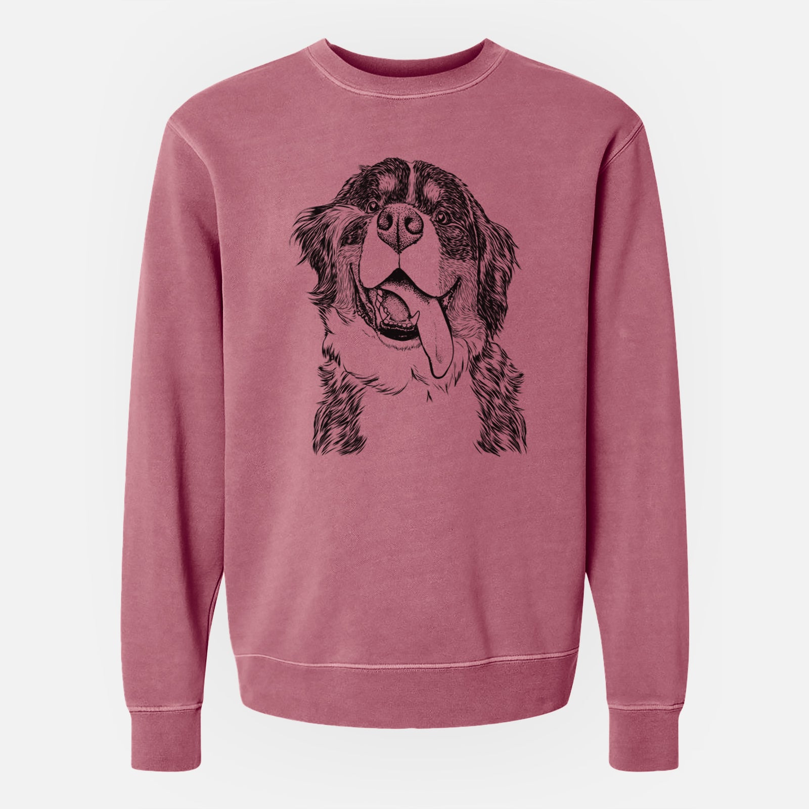 Hand-drawn sketch of Theo the Bernese Mountain Dog on a Maroon Unisex pigment dyed crew sweatshirt
