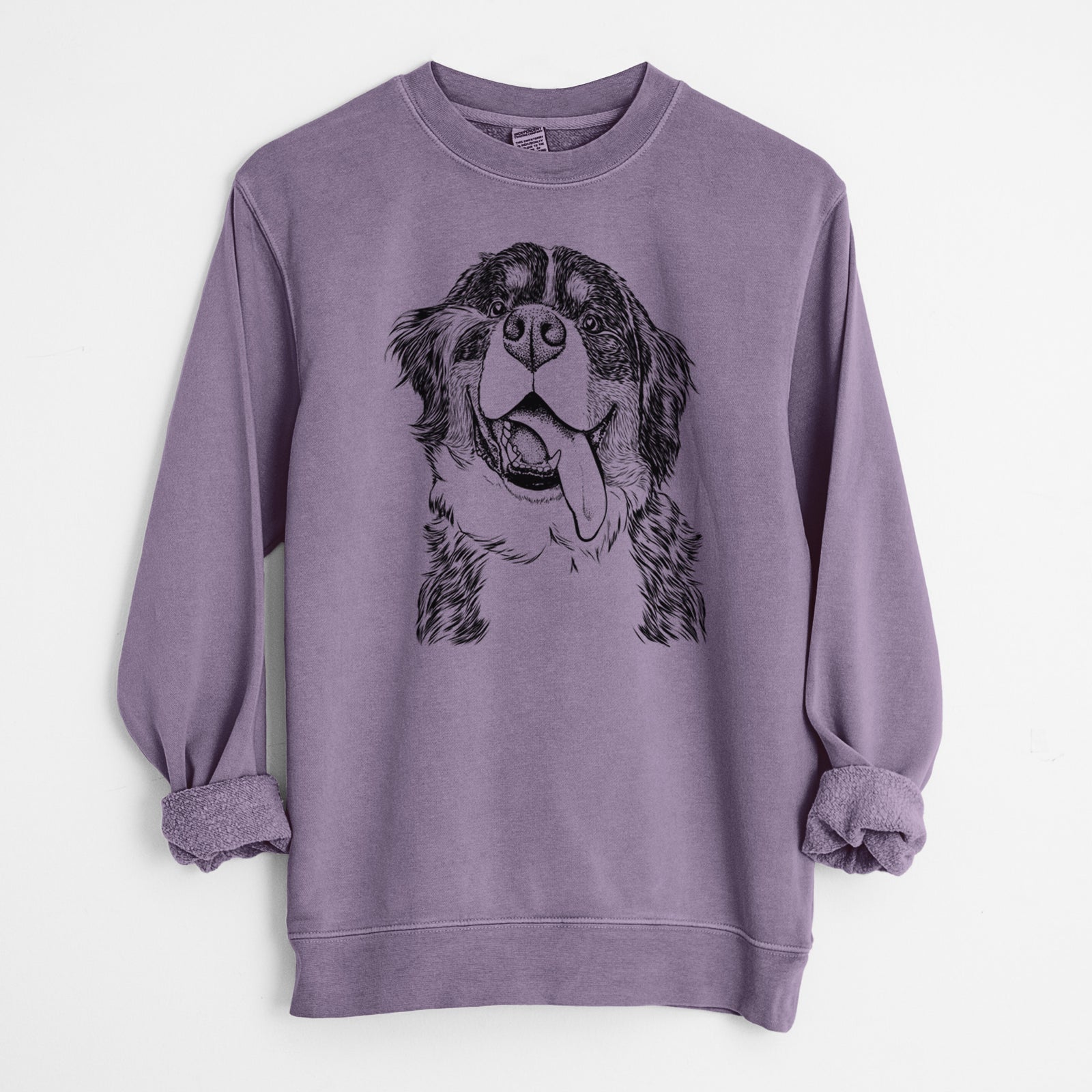 Hand-drawn sketch of Theo the Bernese Mountain Dog on a Plum Unisex pigment dyed crew sweatshirt