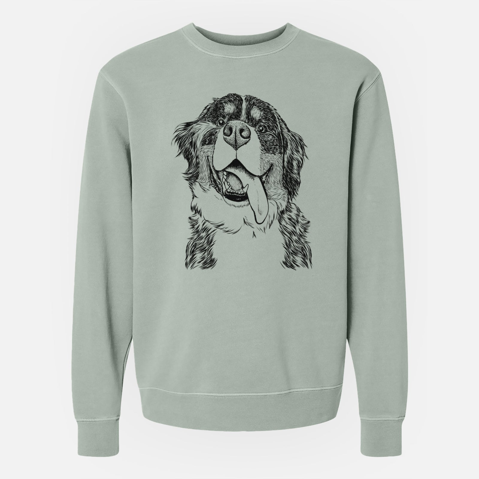 Hand-drawn sketch of Theo the Bernese Mountain Dog on a Sage Unisex pigment dyed crew sweatshirt