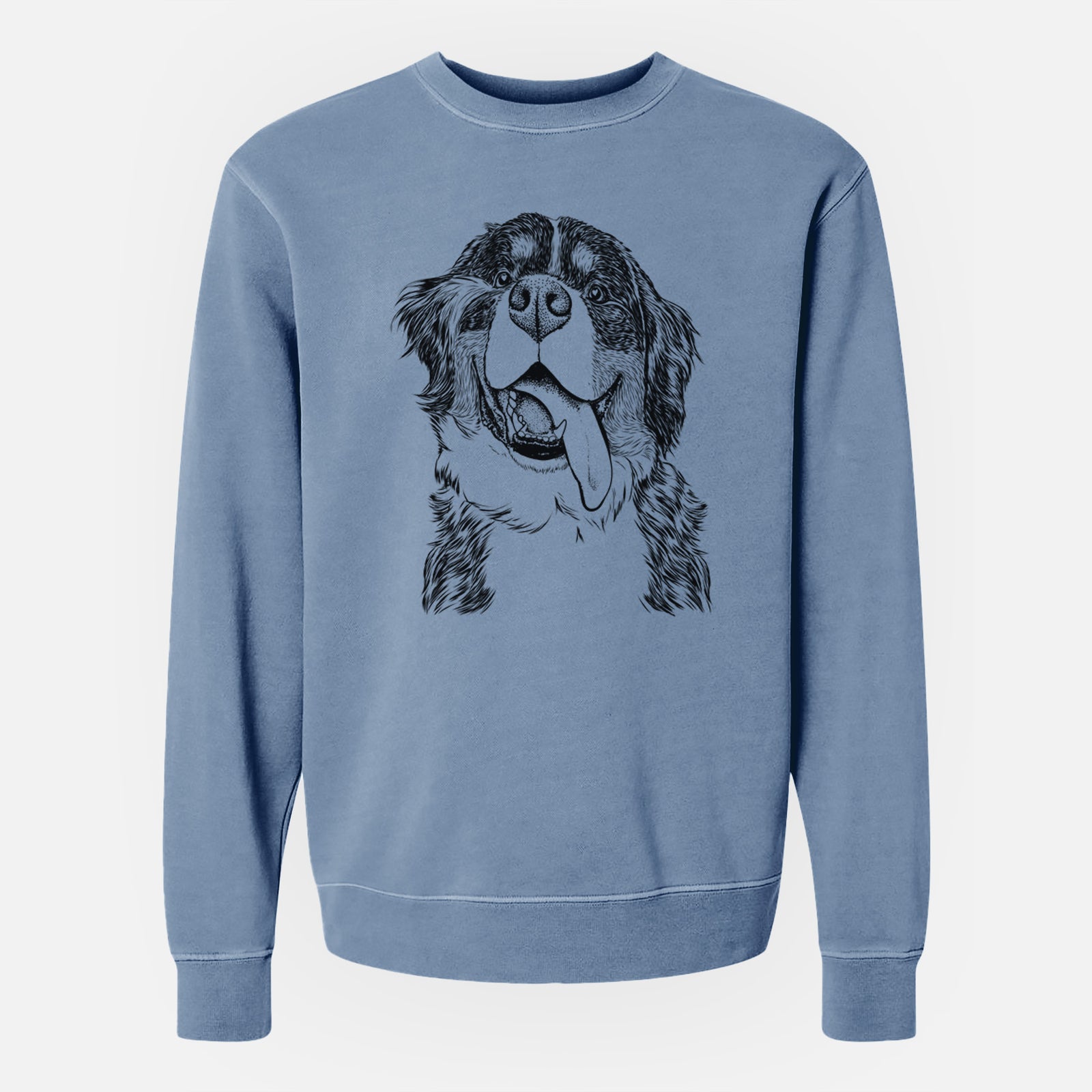 Hand-drawn sketch of Theo the Bernese Mountain Dog on a Slate Blue Unisex pigment dyed crew sweatshirt