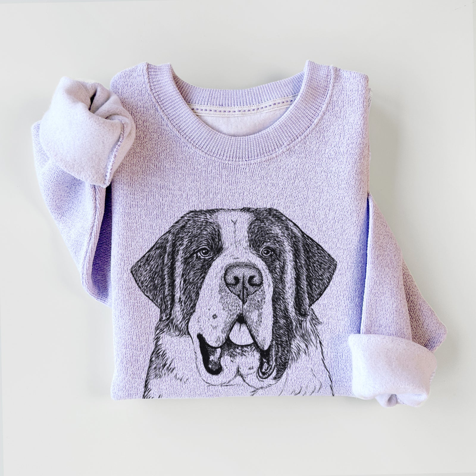 Hand-drawn sketch of Thor the Saint Bernard on an Ice Purple knit sweatshirt