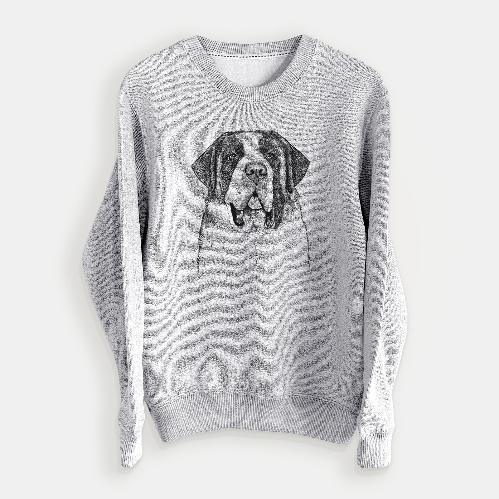 Hand-drawn sketch of Thor the Saint Bernard on a Salt Pepper knit sweatshirt