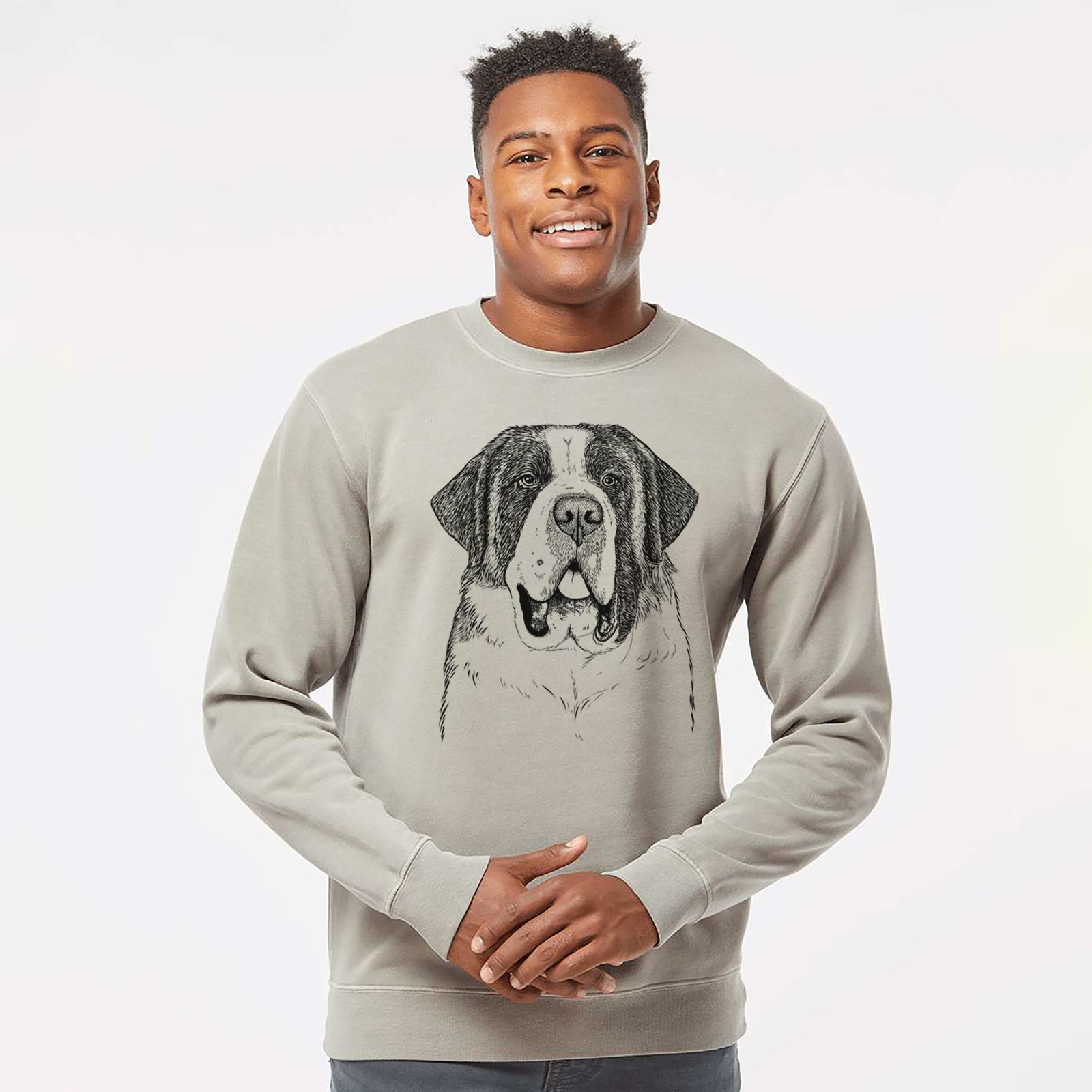 Hand-drawn sketch of Thor the Saint Bernard on a Cement Unisex pigment dyed crew sweatshirt