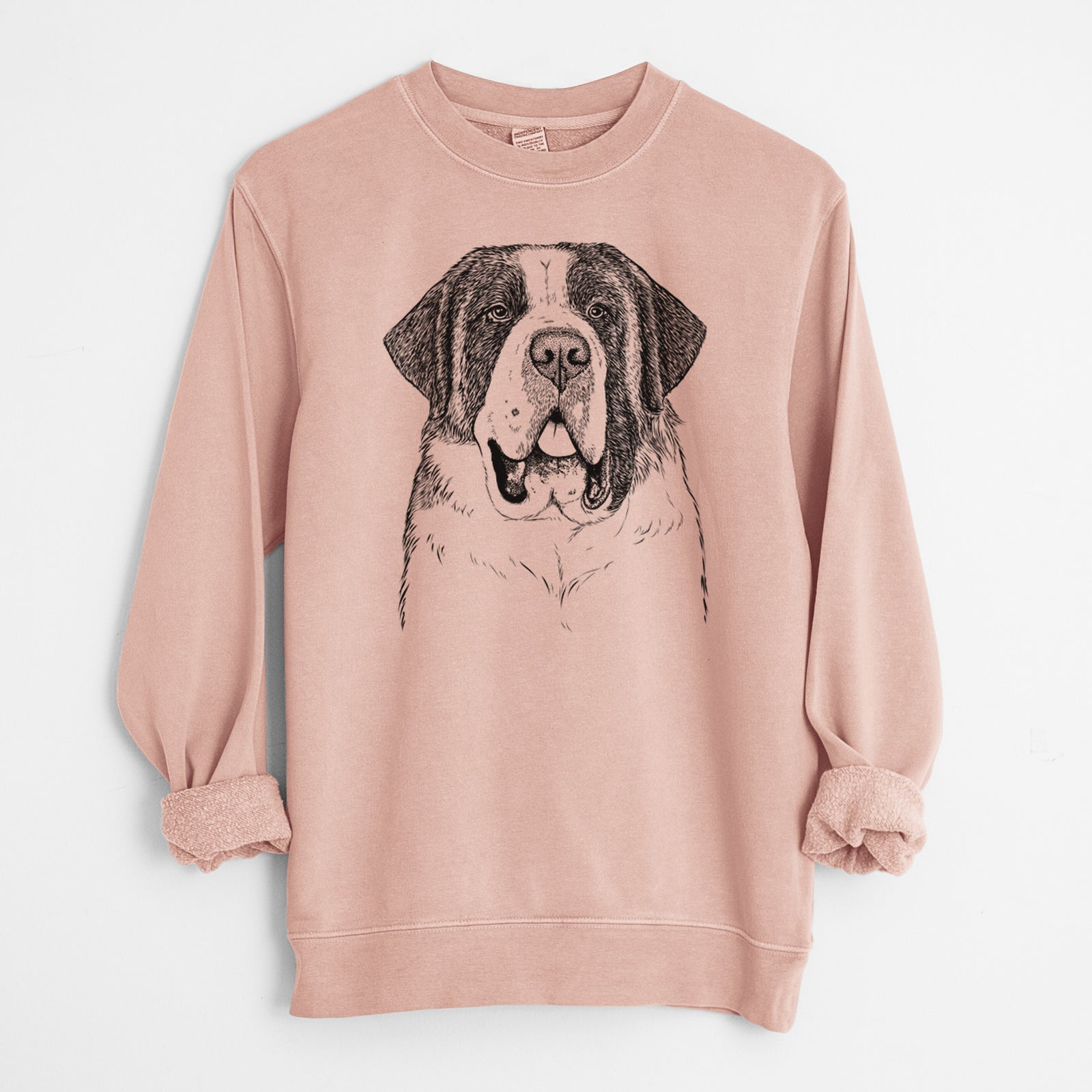 Hand-drawn sketch of Thor the Saint Bernard on a Dusty Pink Unisex pigment dyed crew sweatshirt