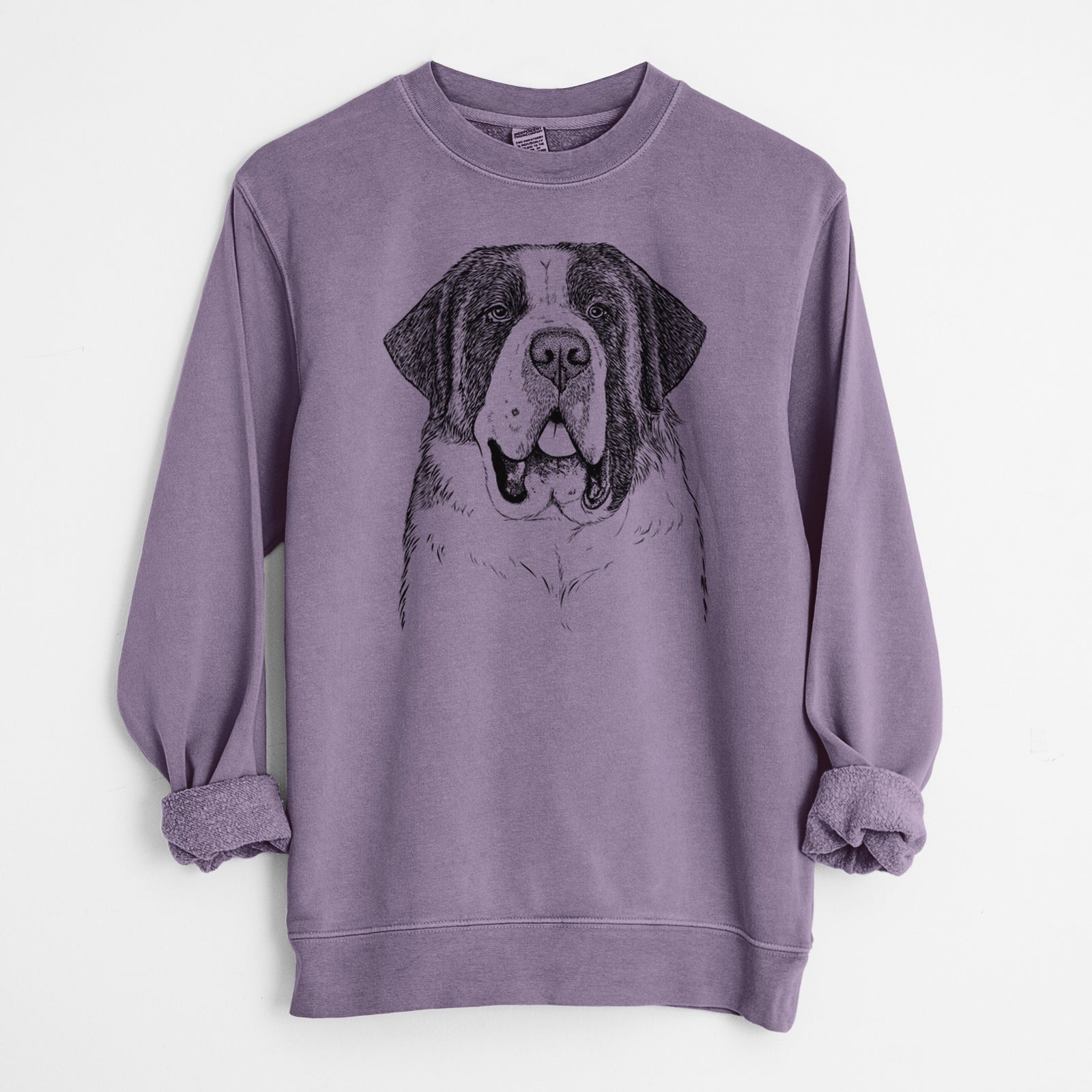 Hand-drawn sketch of Thor the Saint Bernard on a Plum Unisex pigment dyed crew sweatshirt