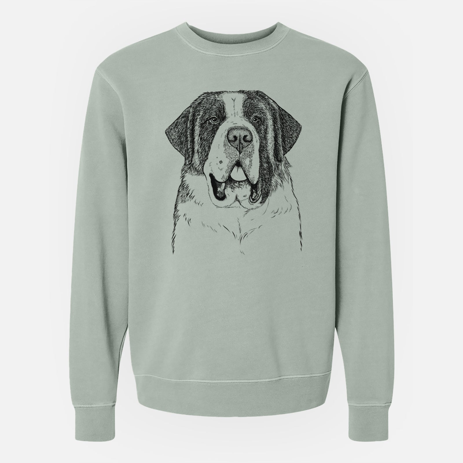 Hand-drawn sketch of Thor the Saint Bernard on a Sage Unisex pigment dyed crew sweatshirt