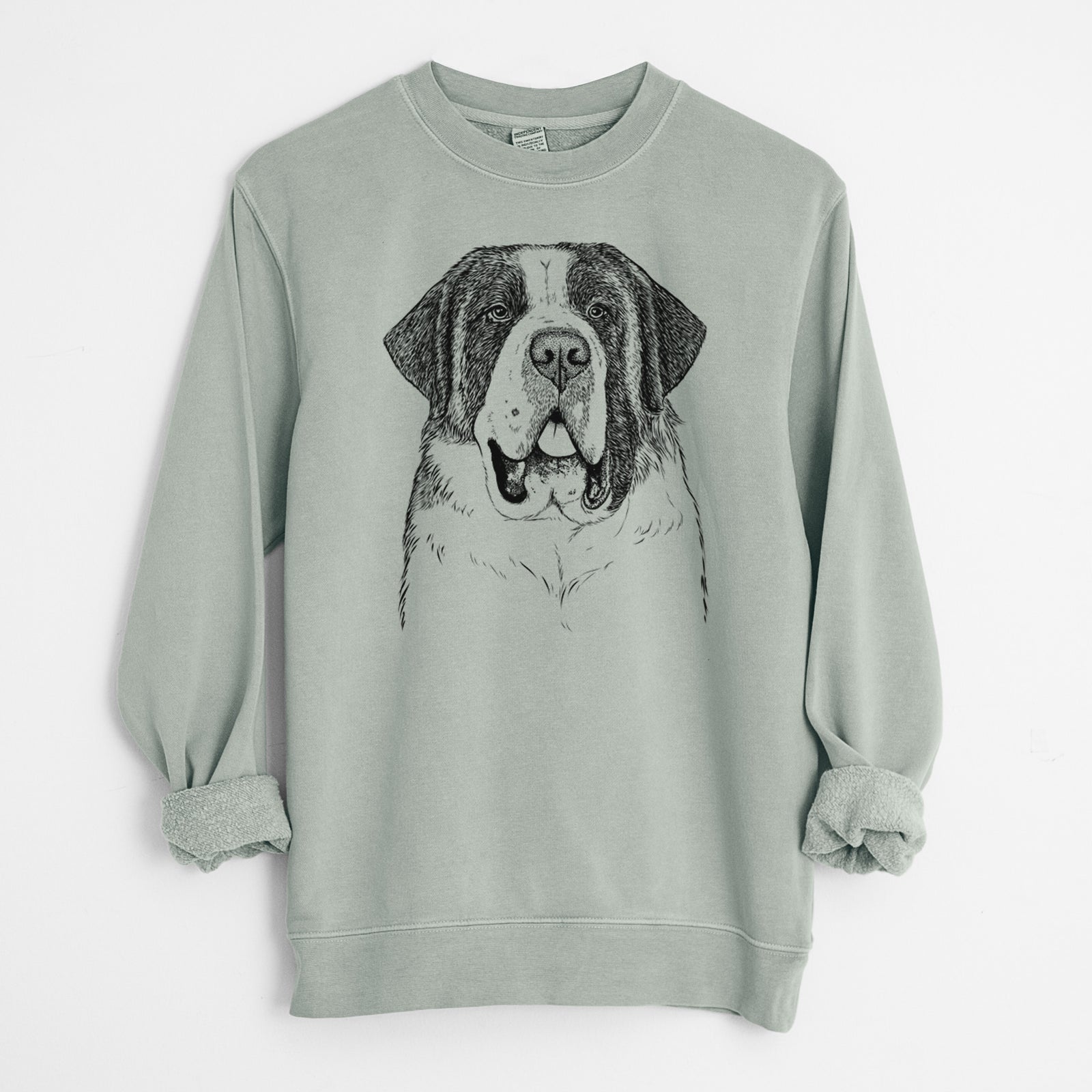 Hand-drawn sketch of Thor the Saint Bernard on a Sage Unisex pigment dyed crew sweatshirt