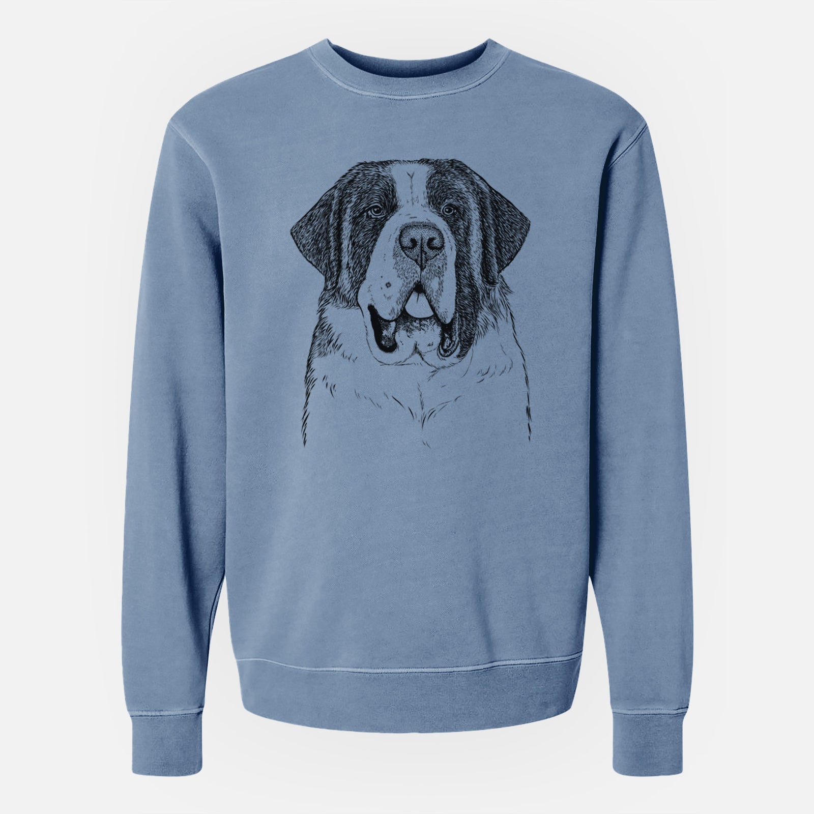 Hand-drawn sketch of Thor the Saint Bernard on a Slate Blue Unisex pigment dyed crew sweatshirt