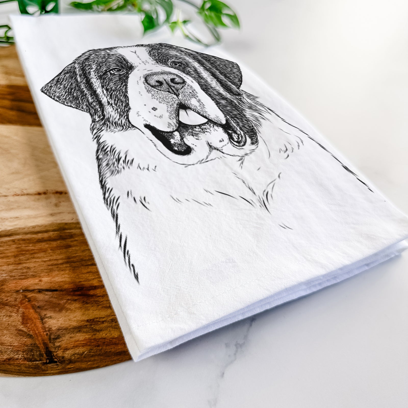 Hand-drawn sketch of Thor the Saint Bernard on a tea towel