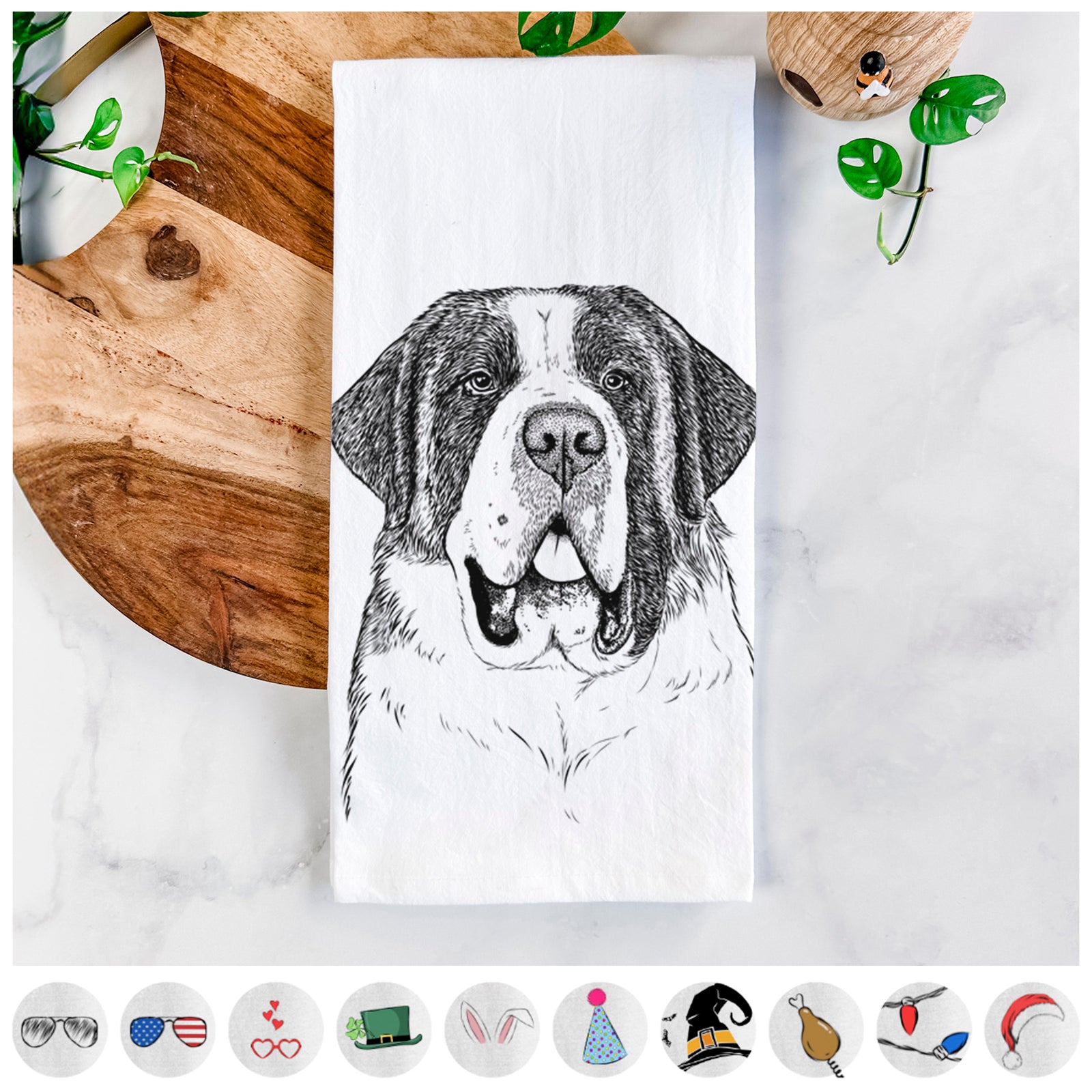 Hand-drawn sketch of Thor the Saint Bernard on a tea towel, shown with icons of the other available costume styles
