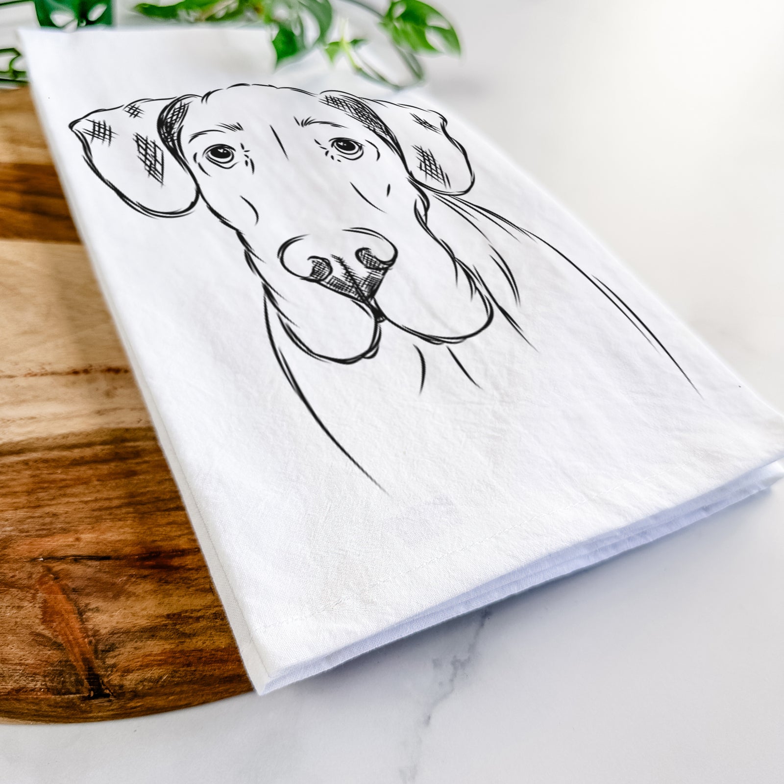 Hand-drawn sketch of Titus the Great Dane on a tea towel