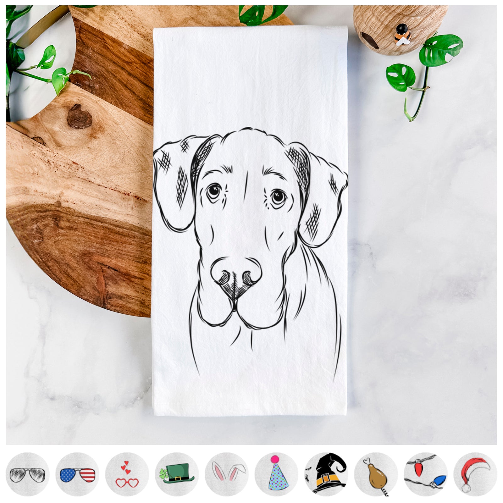 Hand-drawn sketch of Titus the Great Dane on a tea towel, shown with icons of the other available costume styles