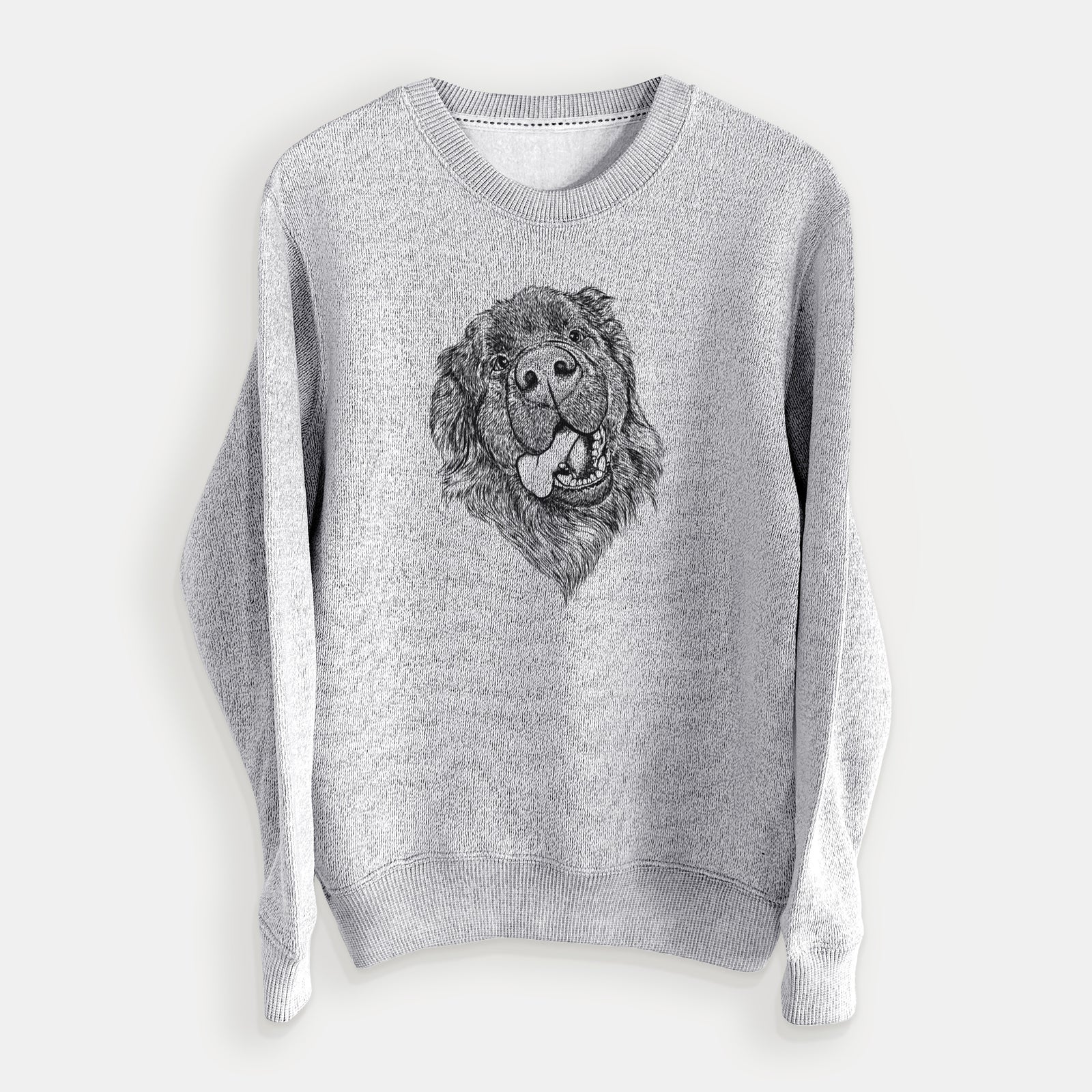Hand-drawn sketch of Tuna the Newfoundland on a Salt Pepper knit sweatshirt