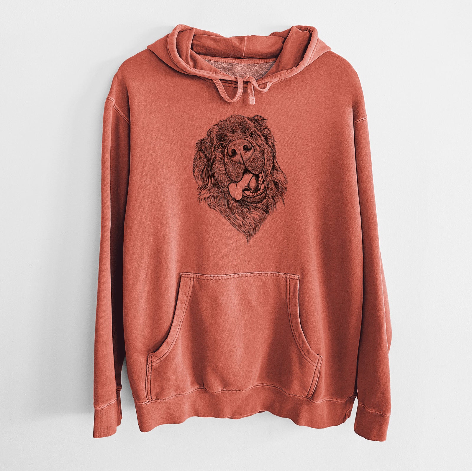 Hand-drawn sketch of Tuna the Newfoundland on an Amber Unisex pigment dyed hoodie