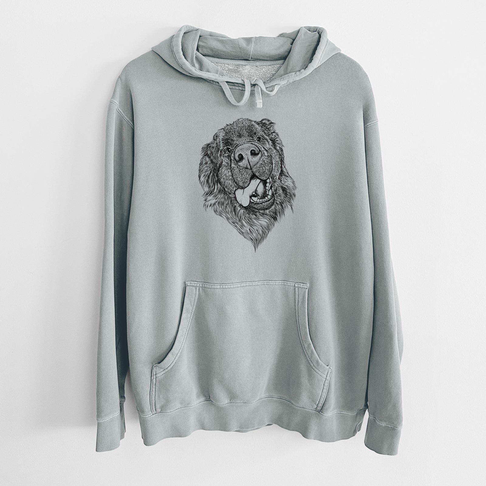 Hand-drawn sketch of Tuna the Newfoundland on a Sage Unisex pigment dyed hoodie