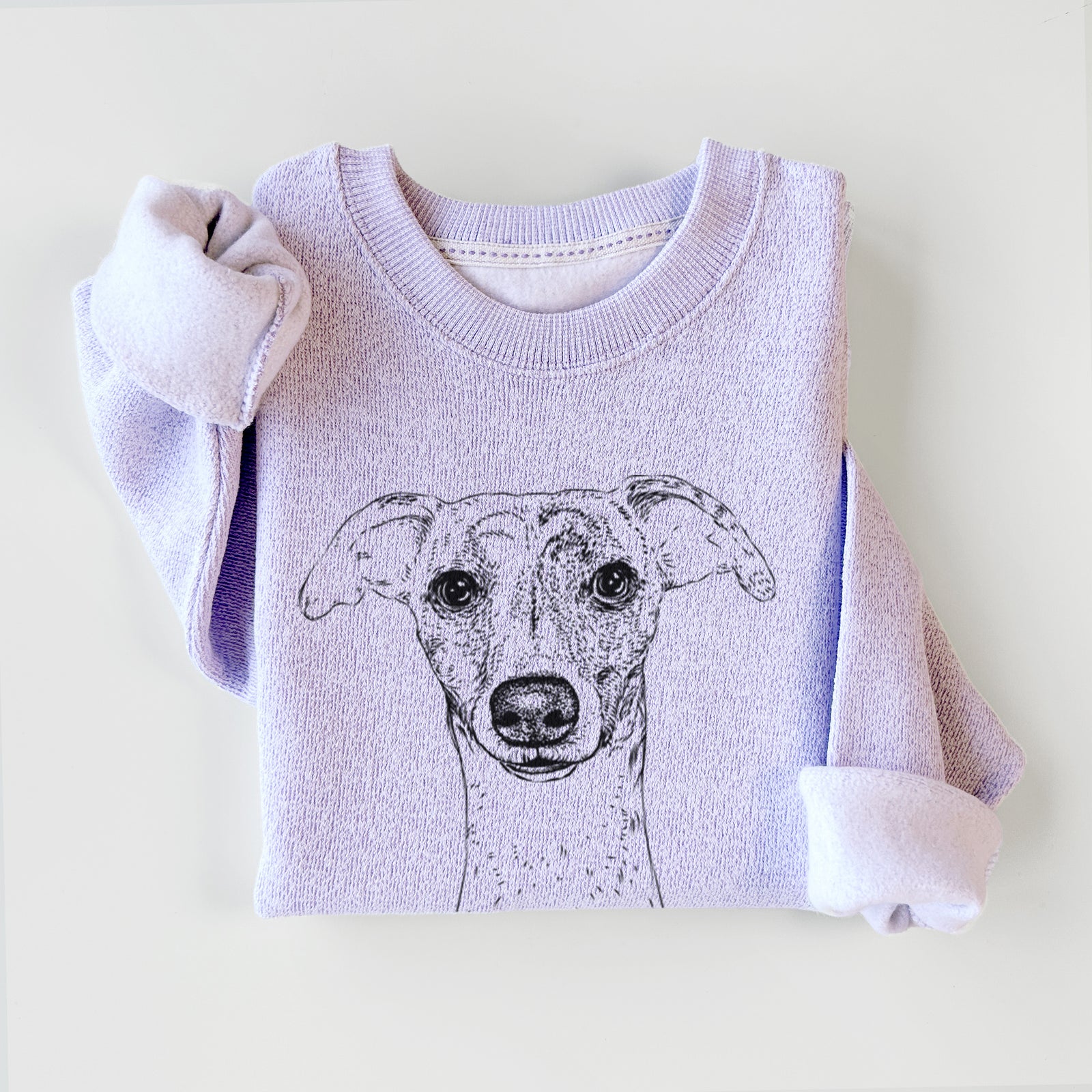 Hand-drawn sketch of Twiggy the Whippet on an Ice Purple knit sweatshirt