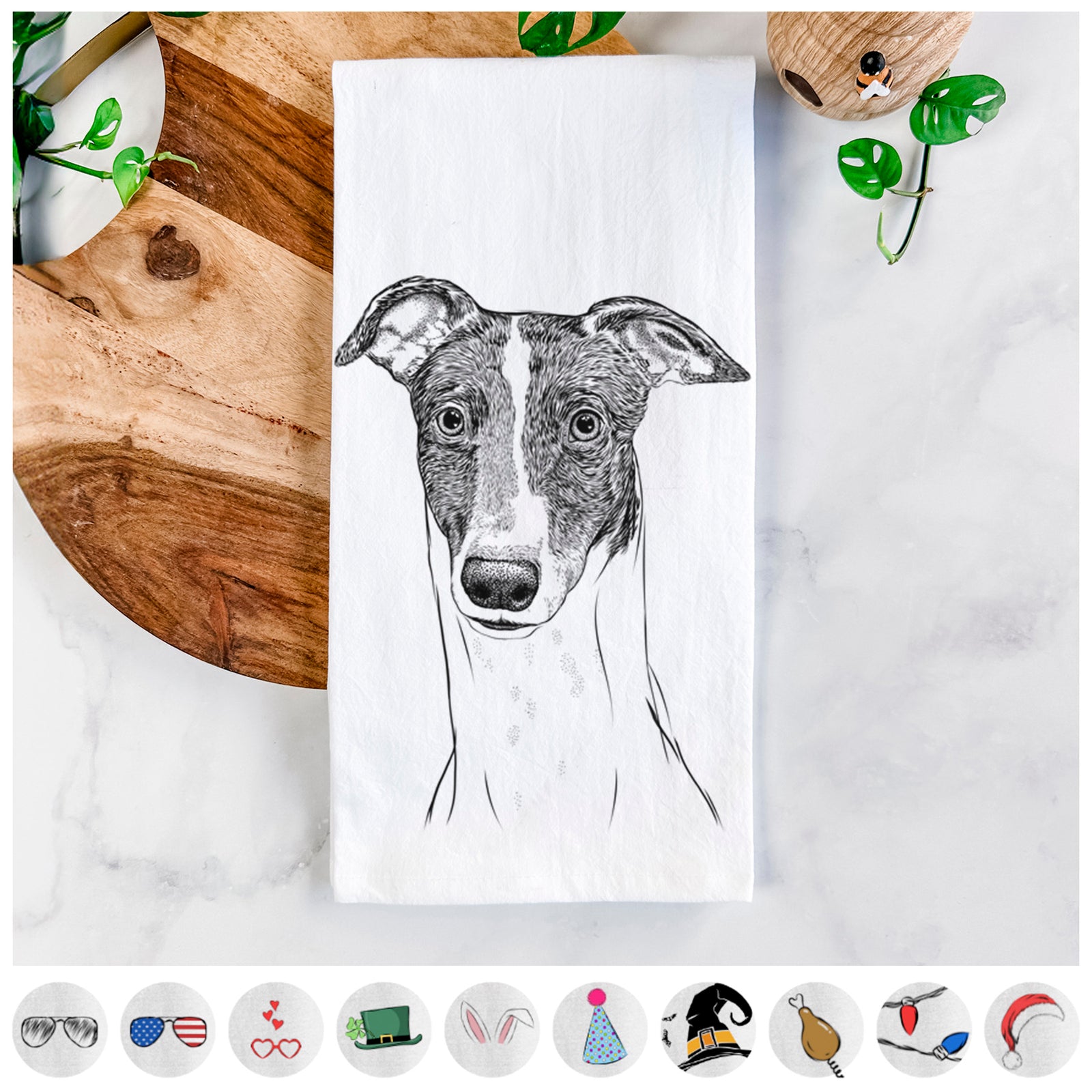 Hand-drawn sketch of Vyncent the Greyhound on a tea towel, shown with icons of the other available costume styles