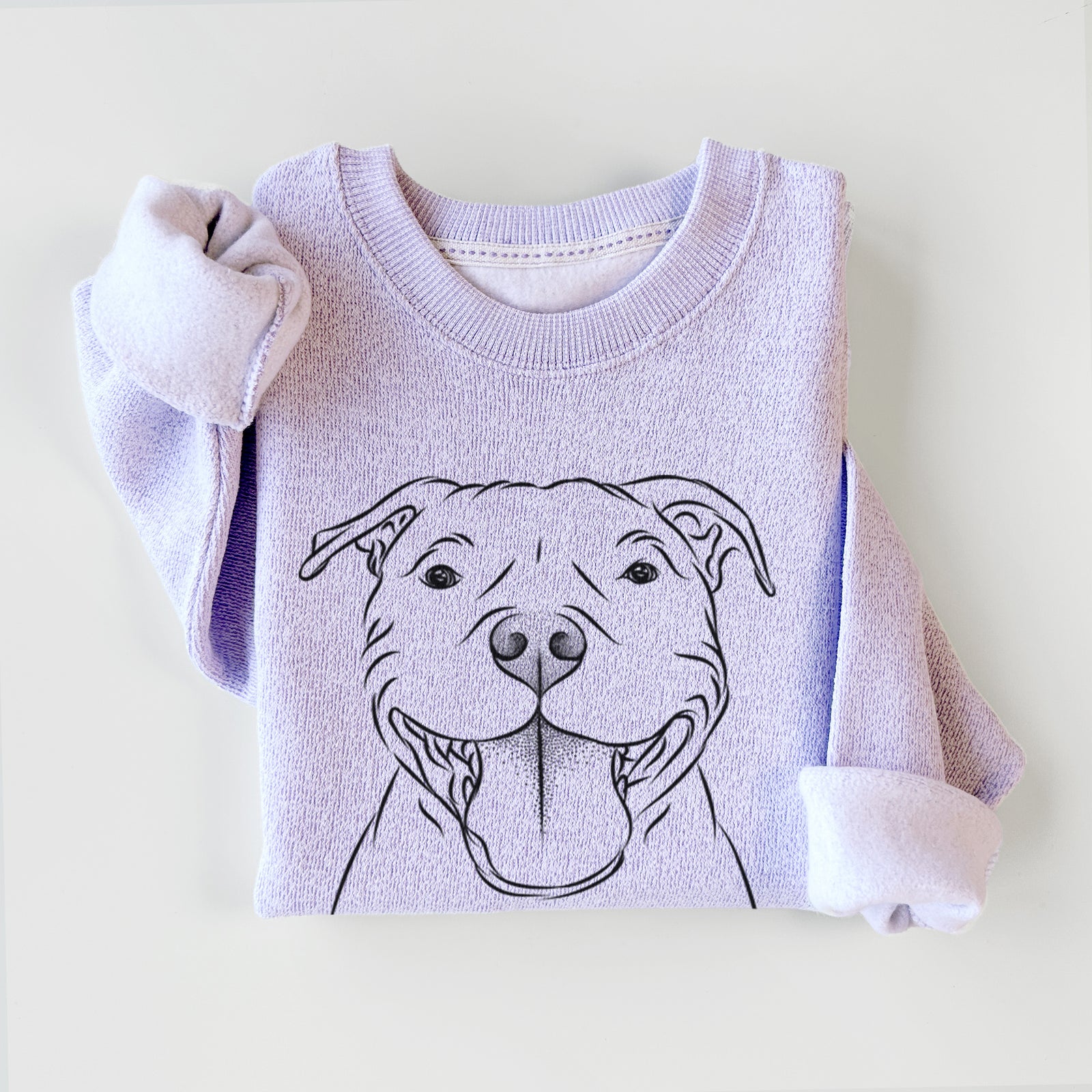 Hand-drawn sketch of Wafer the Staffordshire Bull Terrier on an Ice Purple knit sweatshirt