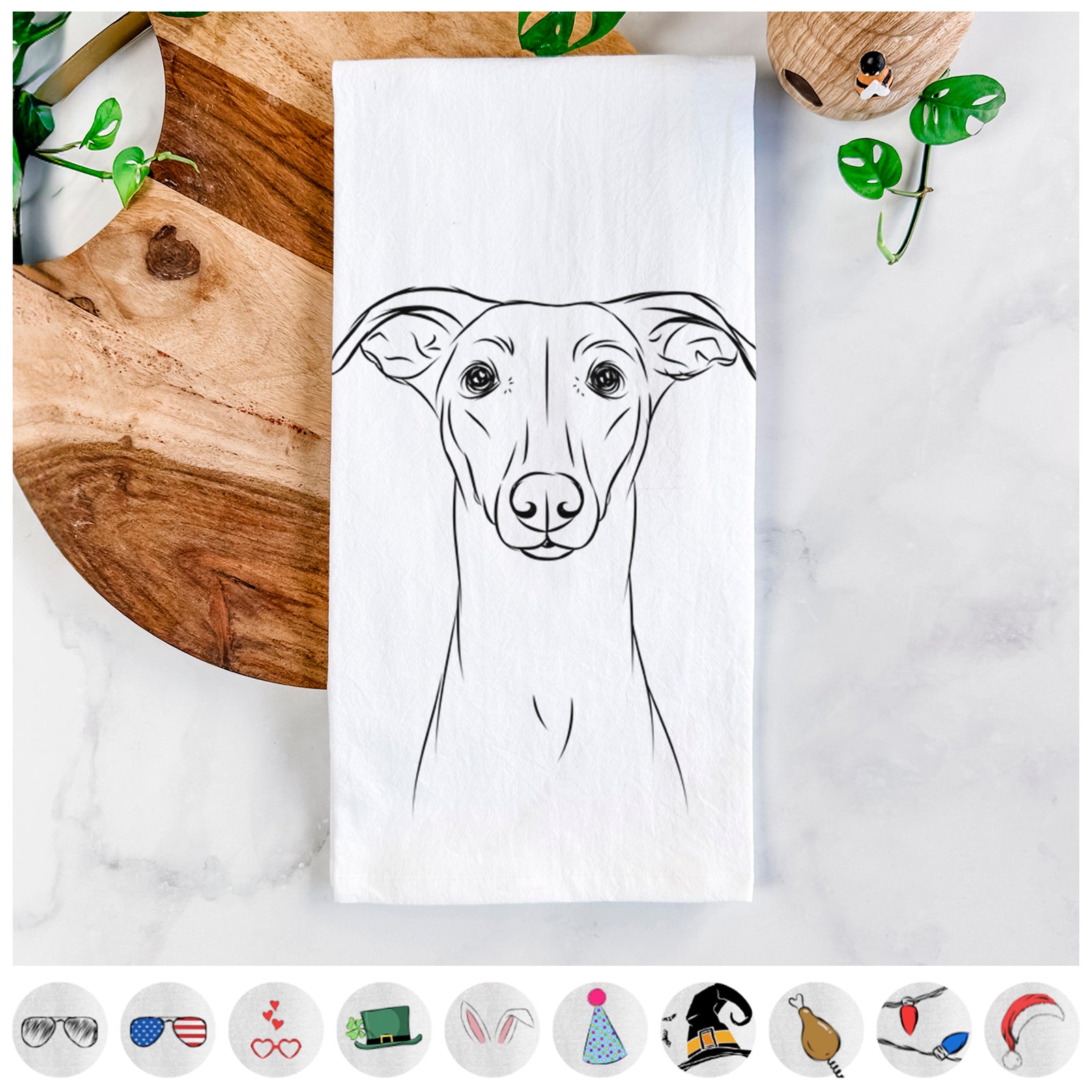 Hand-drawn sketch of Wallace the Whippet on a tea towel, shown with icons of the other available costume styles