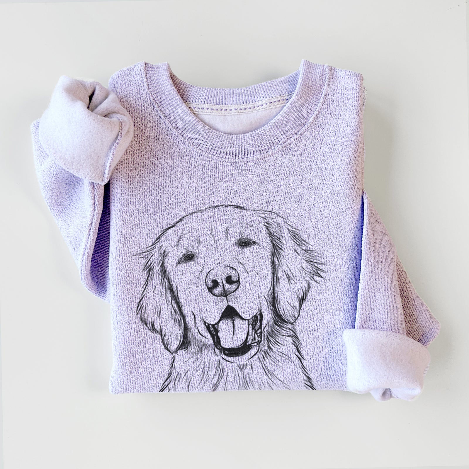 Hand-drawn sketch of Wallace the Golden Retriever on an Ice Purple knit sweatshirt