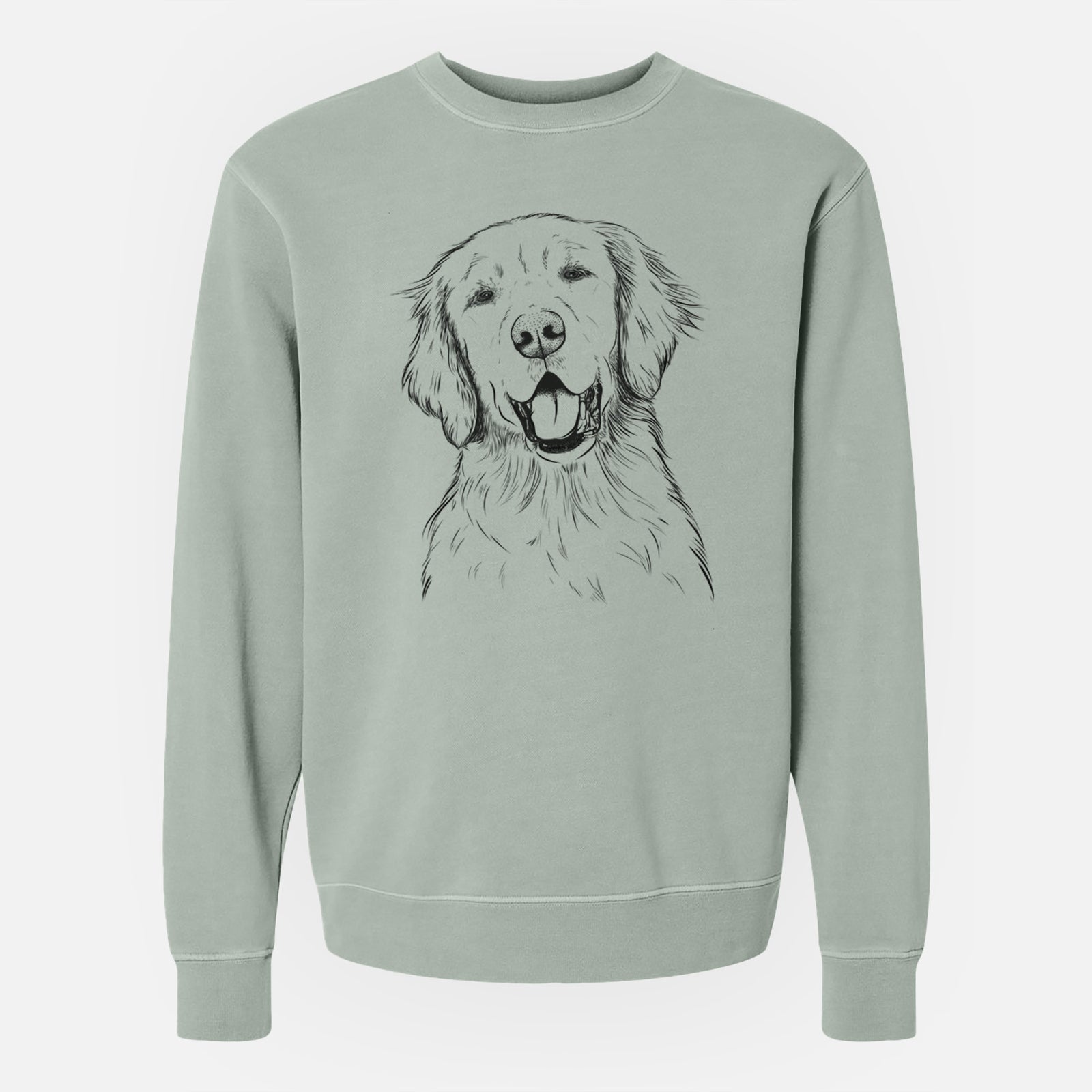 Hand-drawn sketch of Wallace the Golden Retriever on a Sage Unisex pigment dyed crew sweatshirt