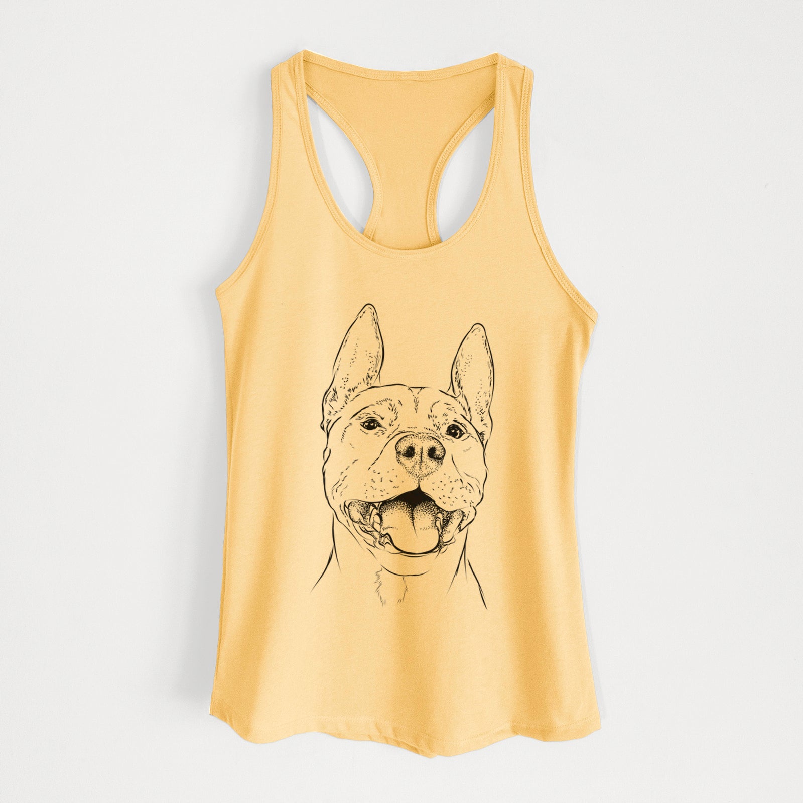 Hand-drawn sketch of Wally the Pitbull on a Banana Cream Women's racerback tanktop
