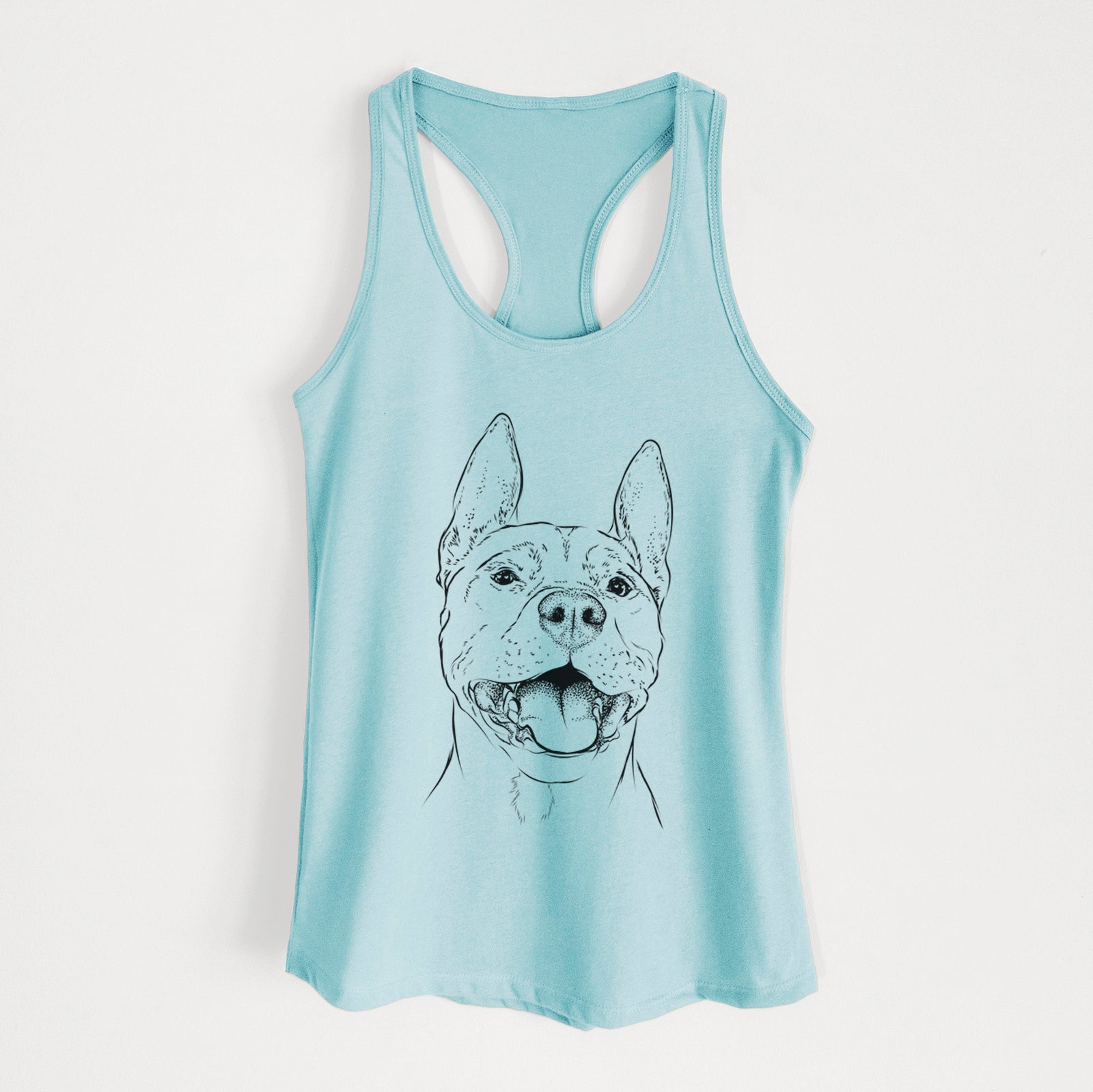 Hand-drawn sketch of Wally the Pitbull on a Cancun Blue Women's racerback tanktop
