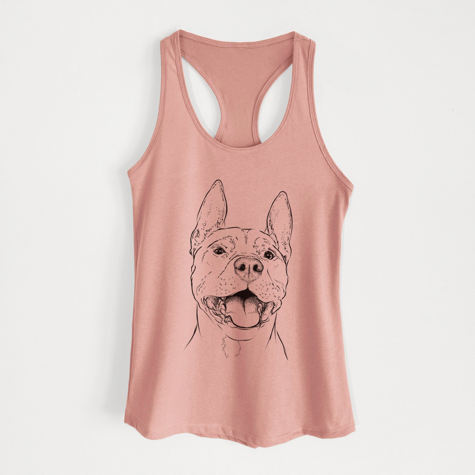 Hand-drawn sketch of Wally the Pitbull on a Desert Pink Women's racerback tanktop
