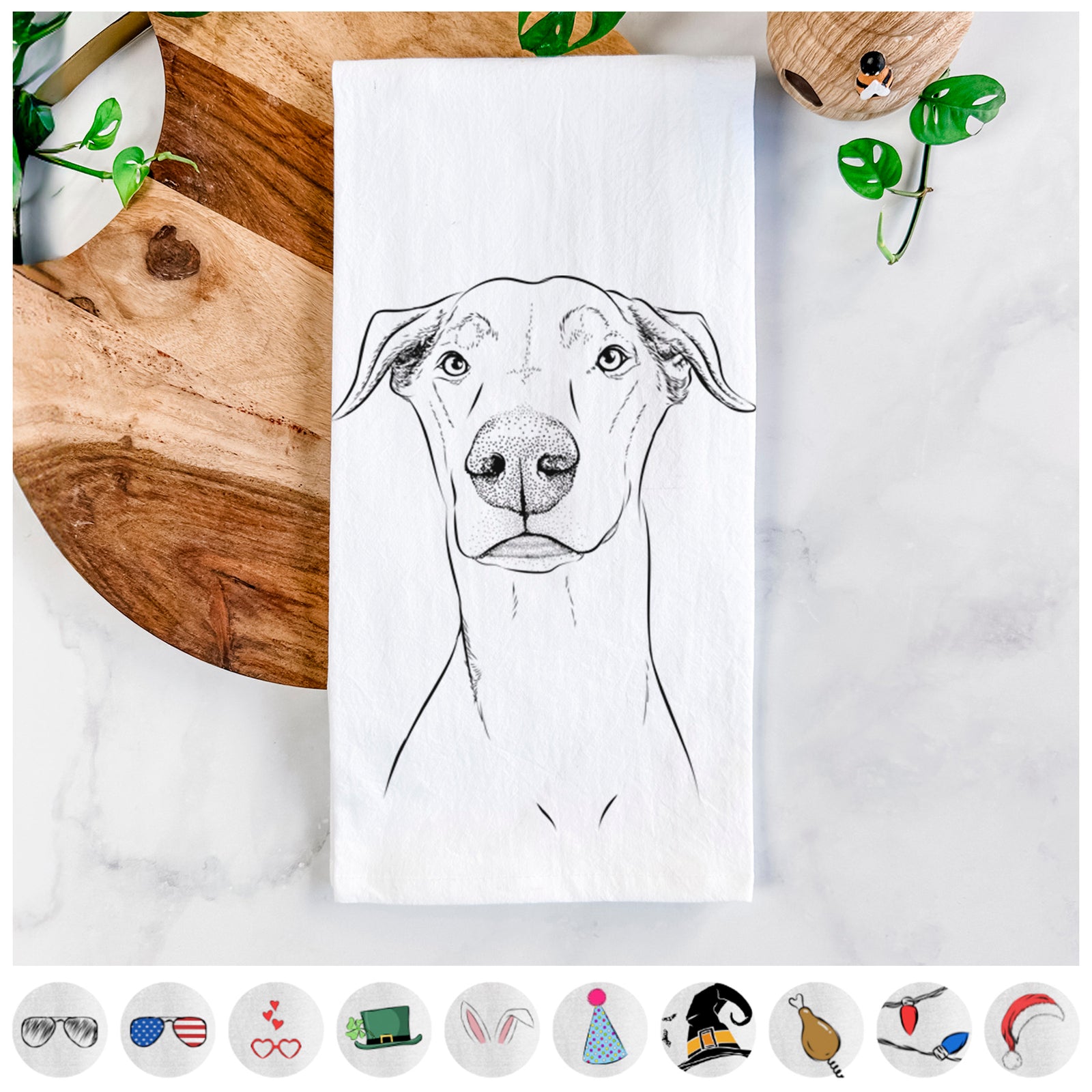 Hand-drawn sketch of Walter the White Doberman Rescue on a tea towel, shown with icons of the other available costume styles