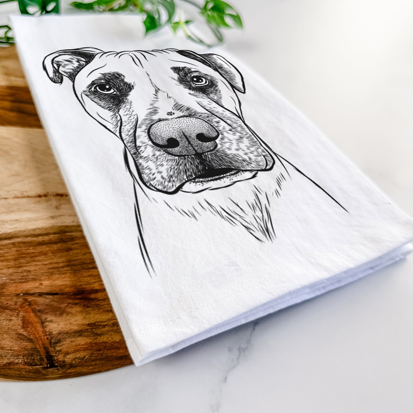Hand-drawn sketch of Waylon the Boxane on a tea towel