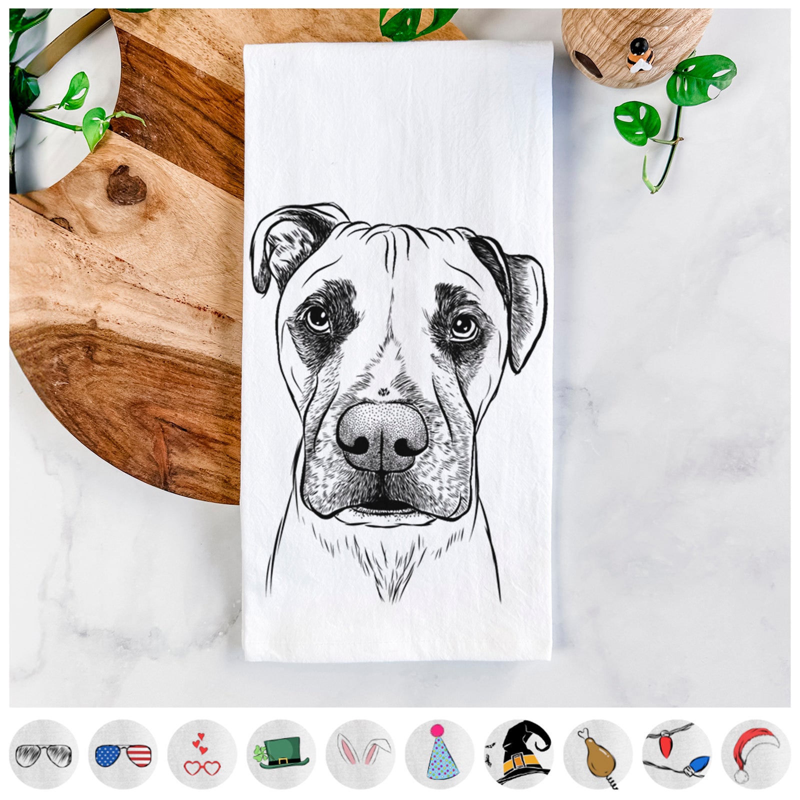 Hand-drawn sketch of Waylon the Boxane on a tea towel, shown with icons of the other available costume styles