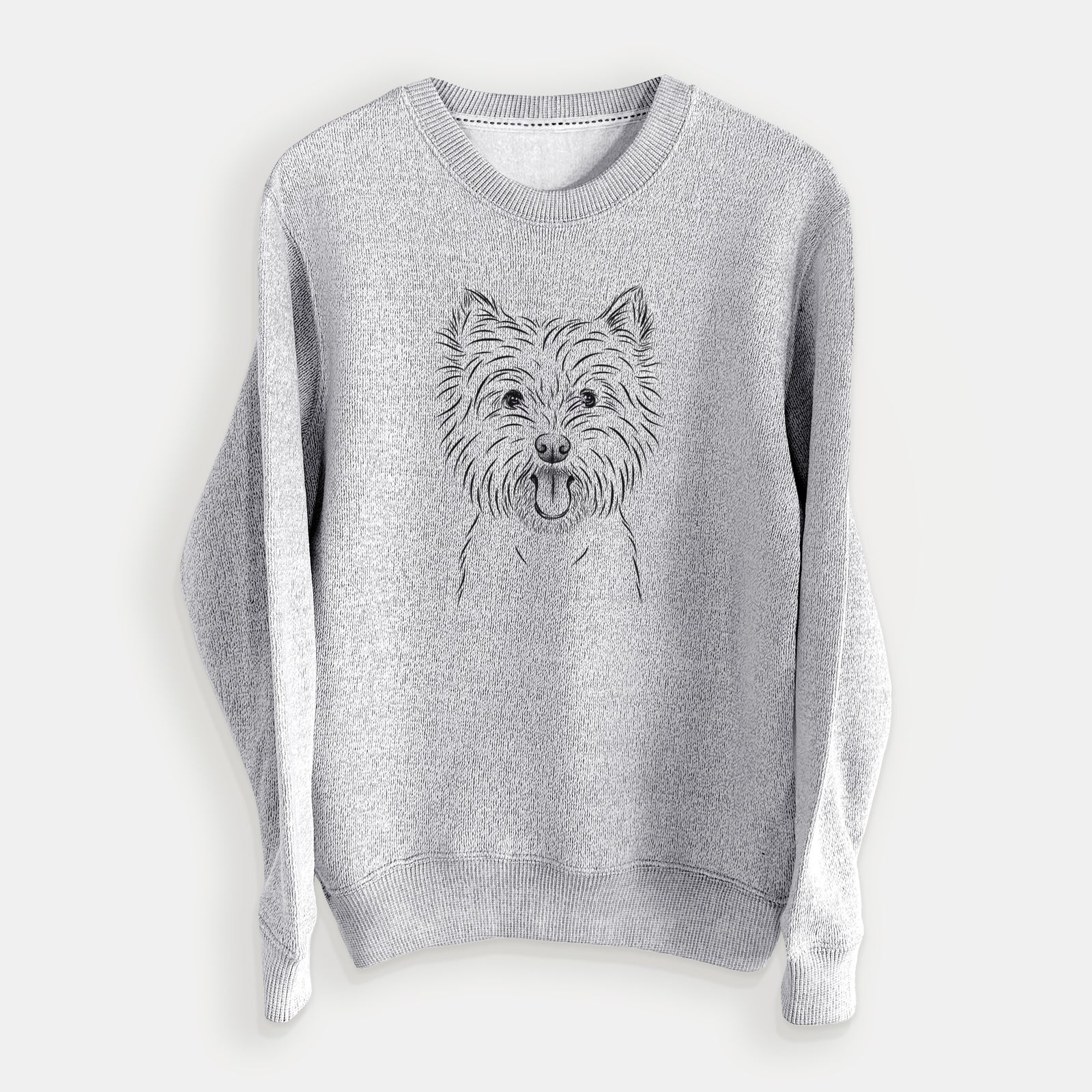 Hand-drawn sketch of Welma the West Highland Terrier on a Salt Pepper knit sweatshirt